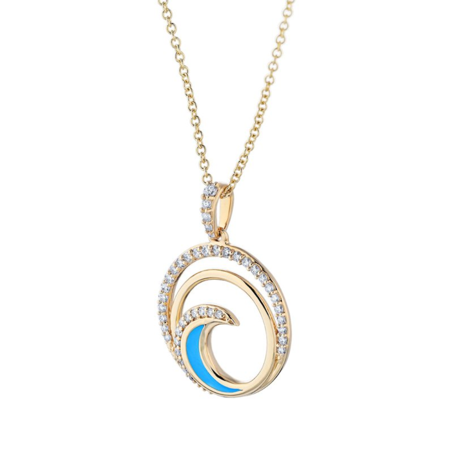Gold necklace with a wave-shaped pendant featuring a blue center on a white background