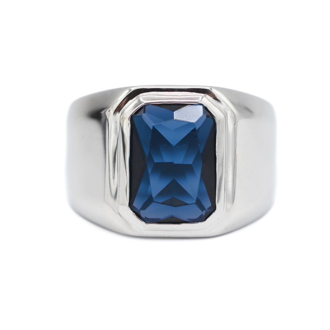 Front View of Sterling Silver Emerald-Cut Created Sapphire Bezel-Set Signet Ring