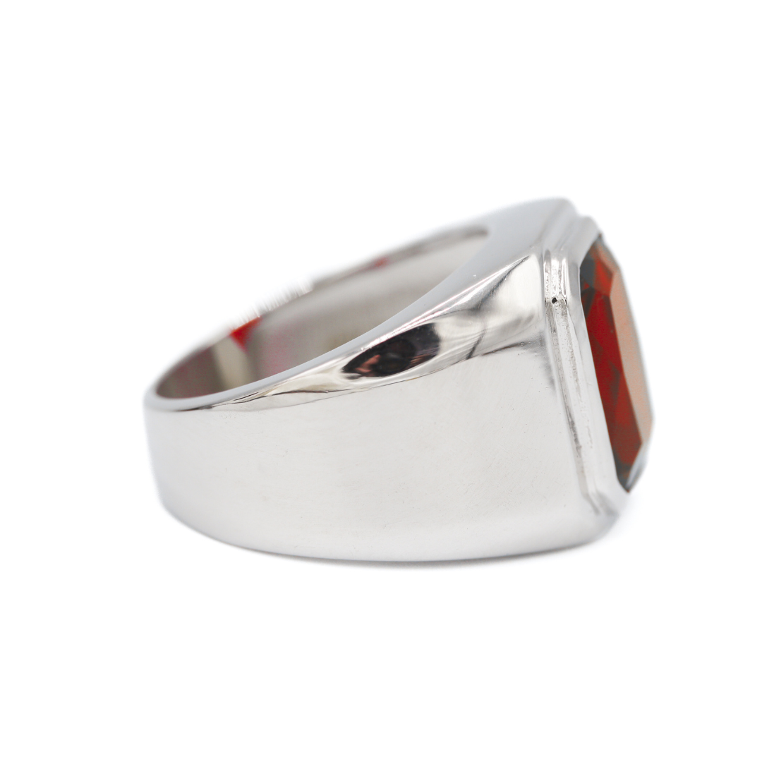 Side View of Sterling Silver Emerald-Cut Created Ruby Bezel-Set Signet Ring