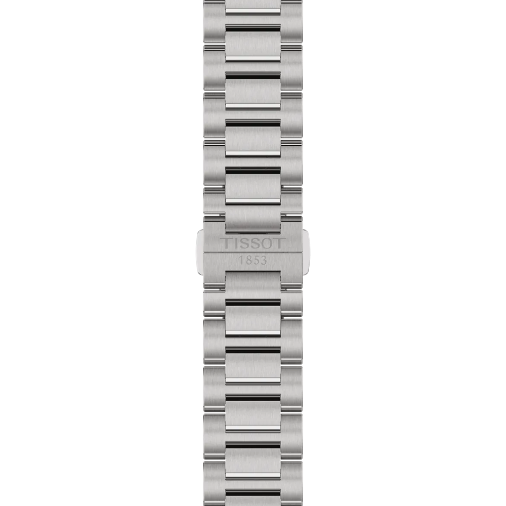 Silver watch strap with Tissot logo on a white background