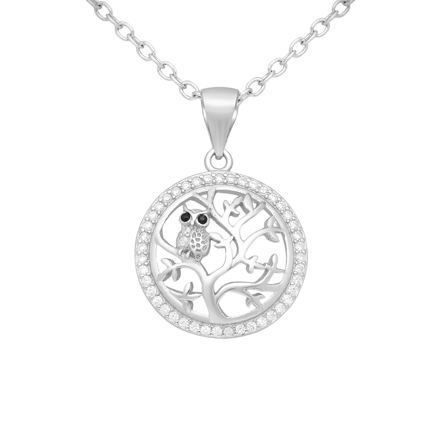 Silver necklace with a round pendant featuring a tree design on a white background