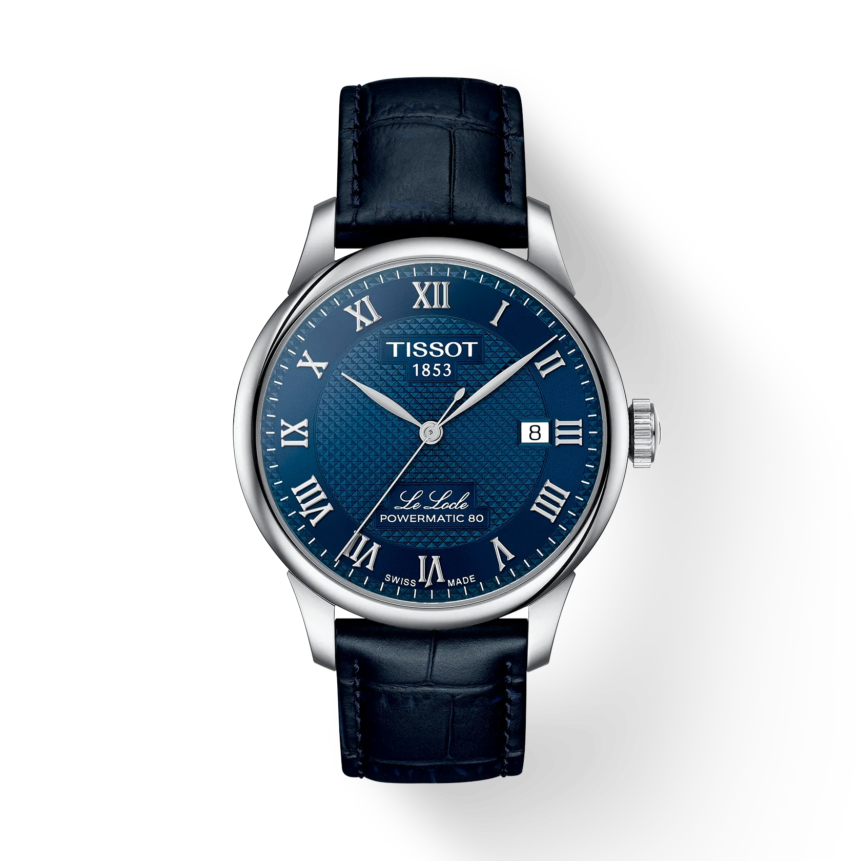 Tissot watch with blue face and black leather strap on a white background