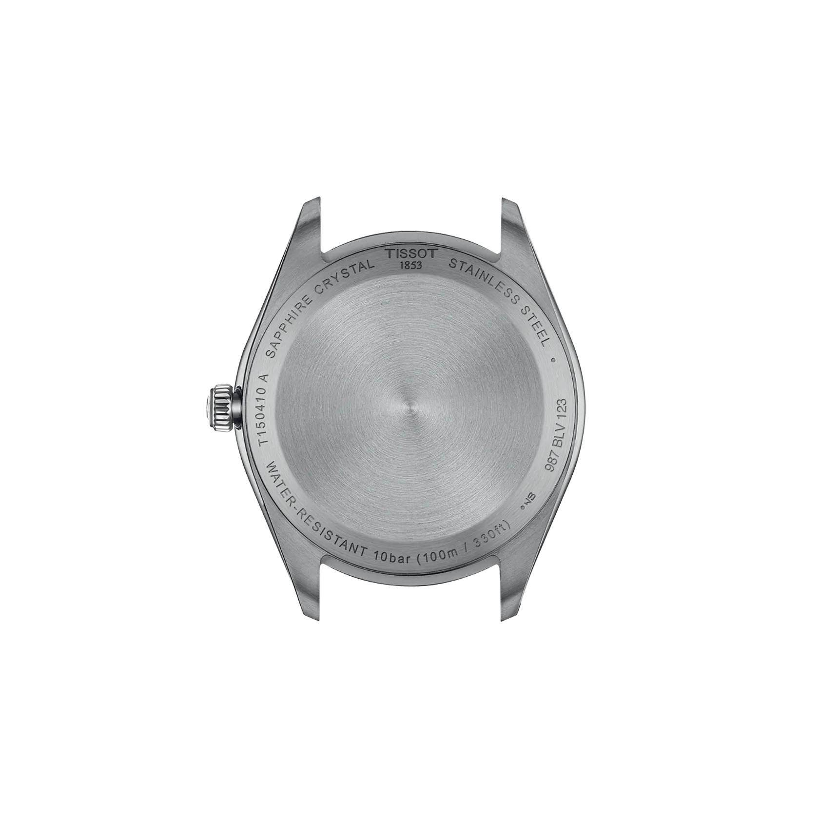 Back view of a Tissot watch with branding and model details on a white background