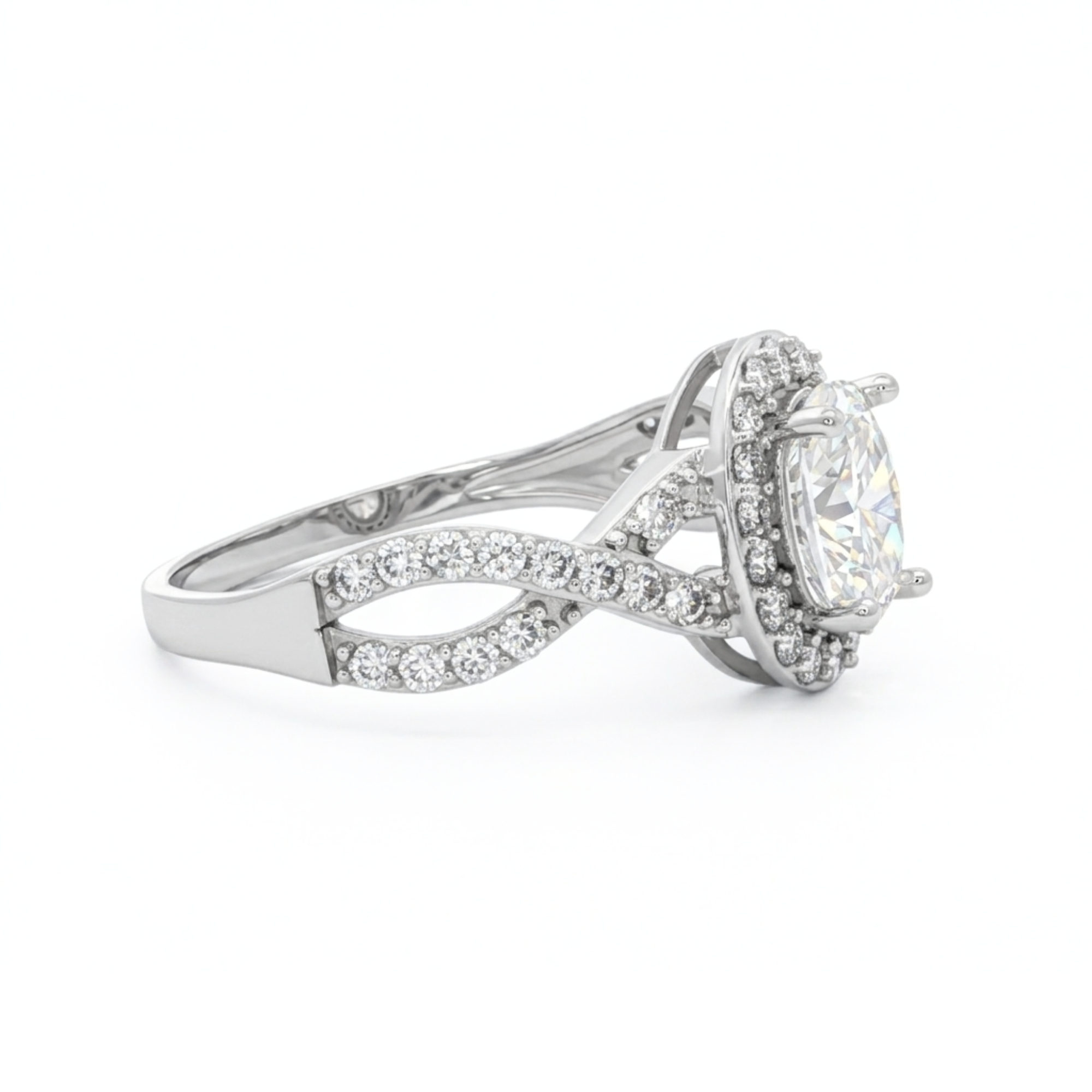 14K White Gold 1CT. Oval-Cut Moissanite Halo and Twisted Shank Engagement Ring