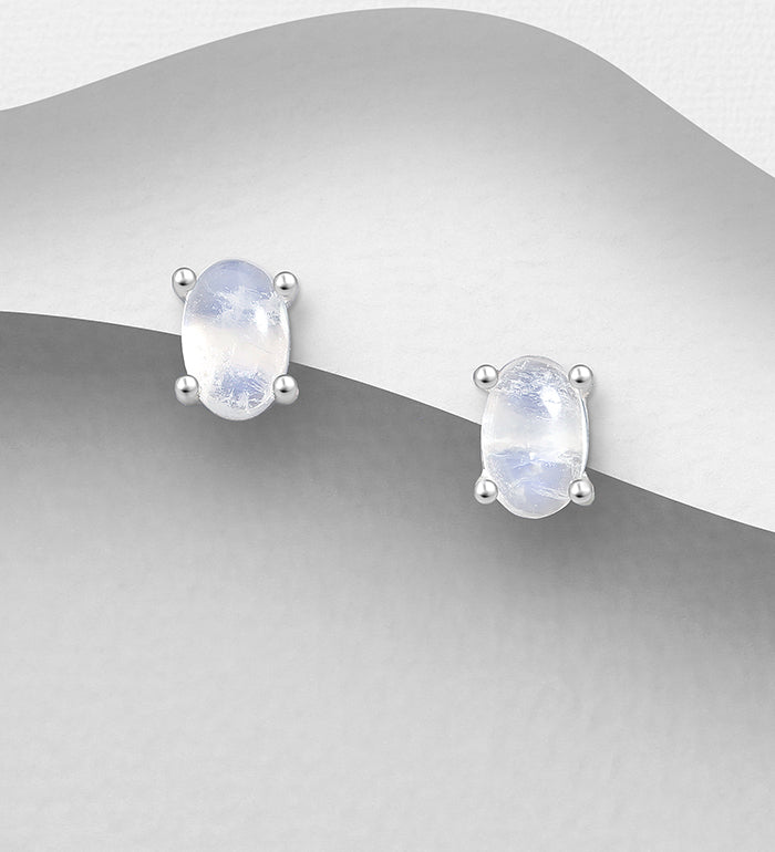 Sterling Silver Oval Rainbow Moonstone Stud Earrings