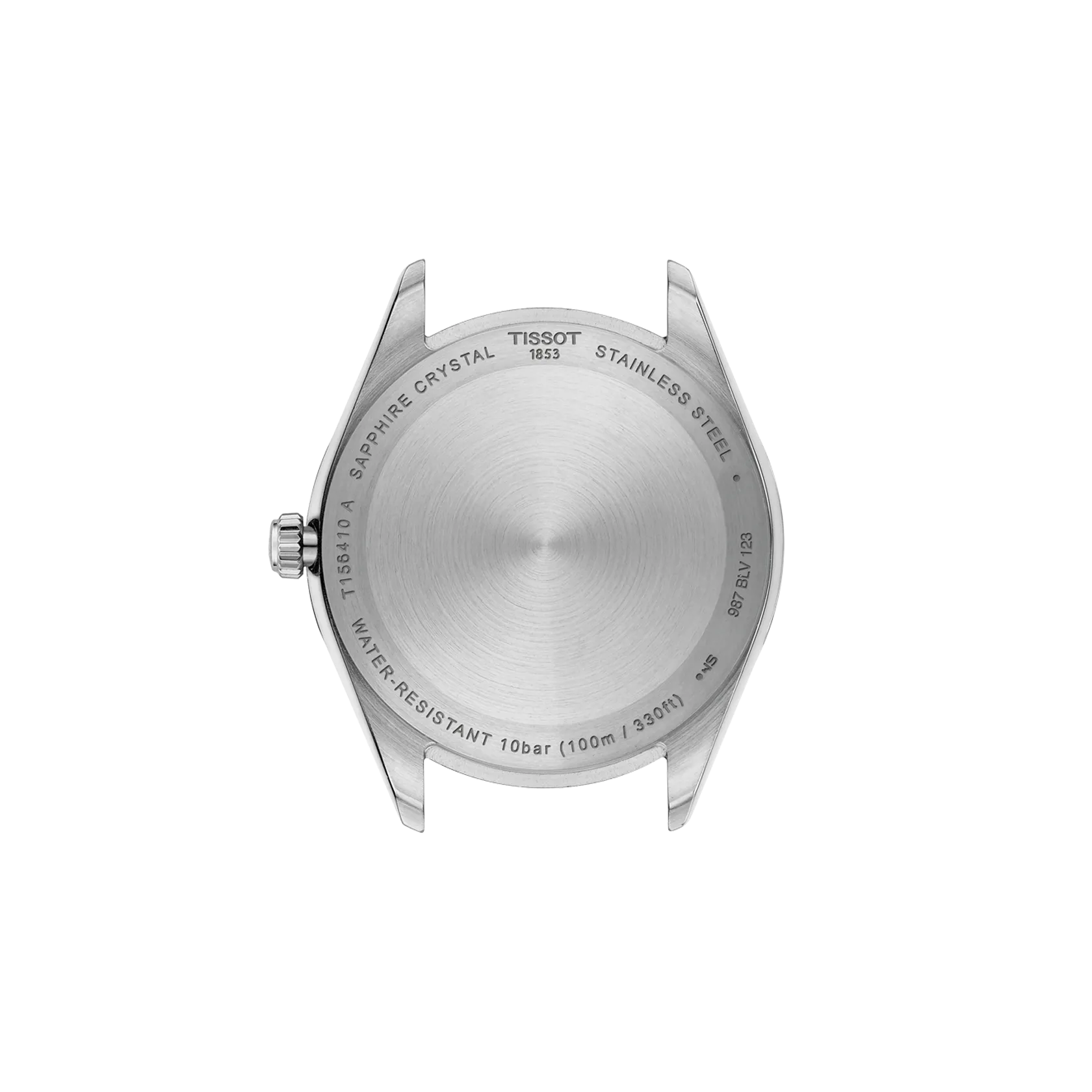 Back view of a Tissot watch with brand name and specifications on a white background