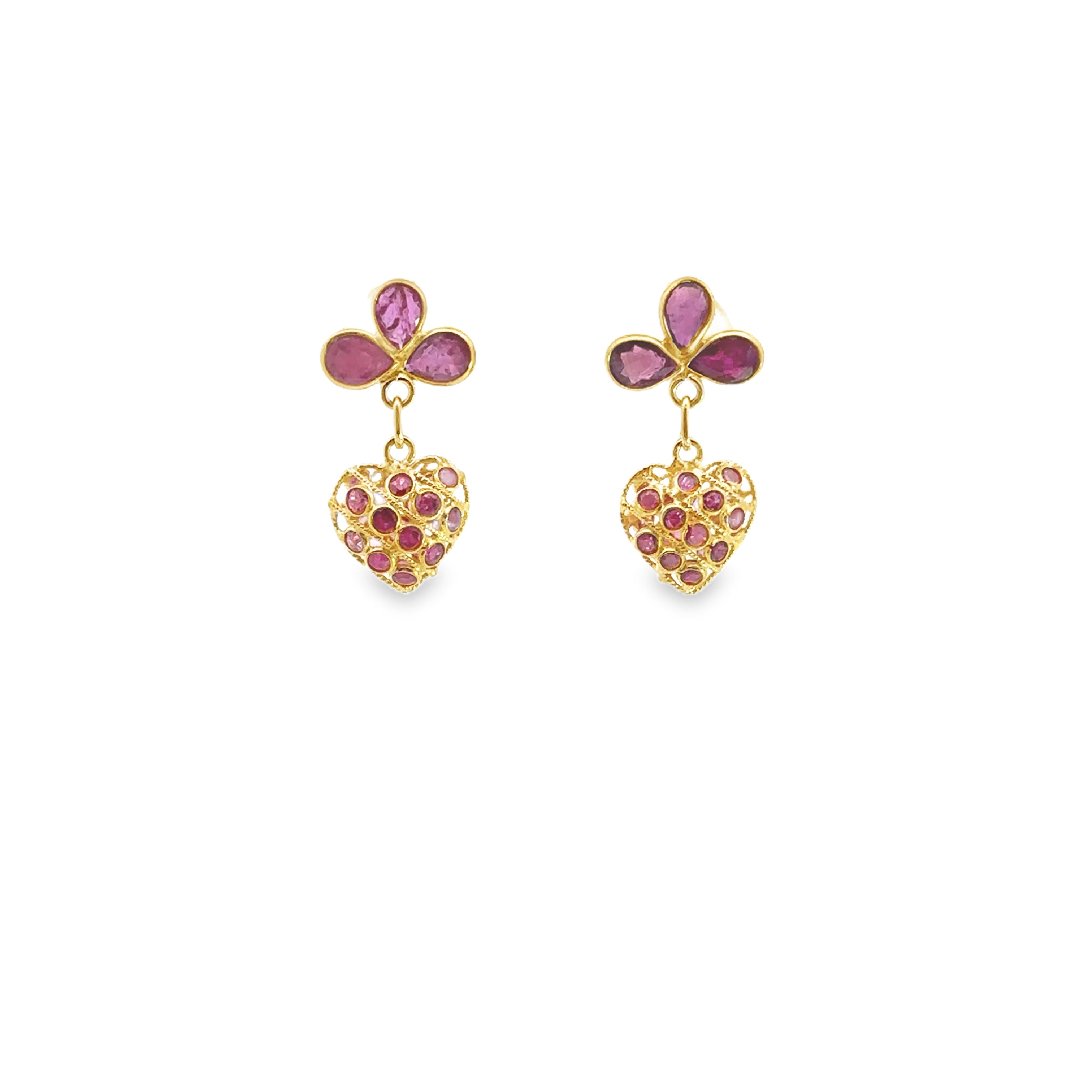Estate Collection: 18K Yellow Gold Filigree Ruby Heart Dangle Stud Earrings