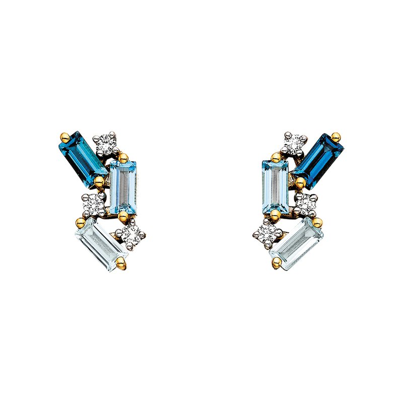 Front View Berco 10K Yellow Gold Multi Color Blue Topaz with 0.09CTW Diamond Accents Stud Earrings