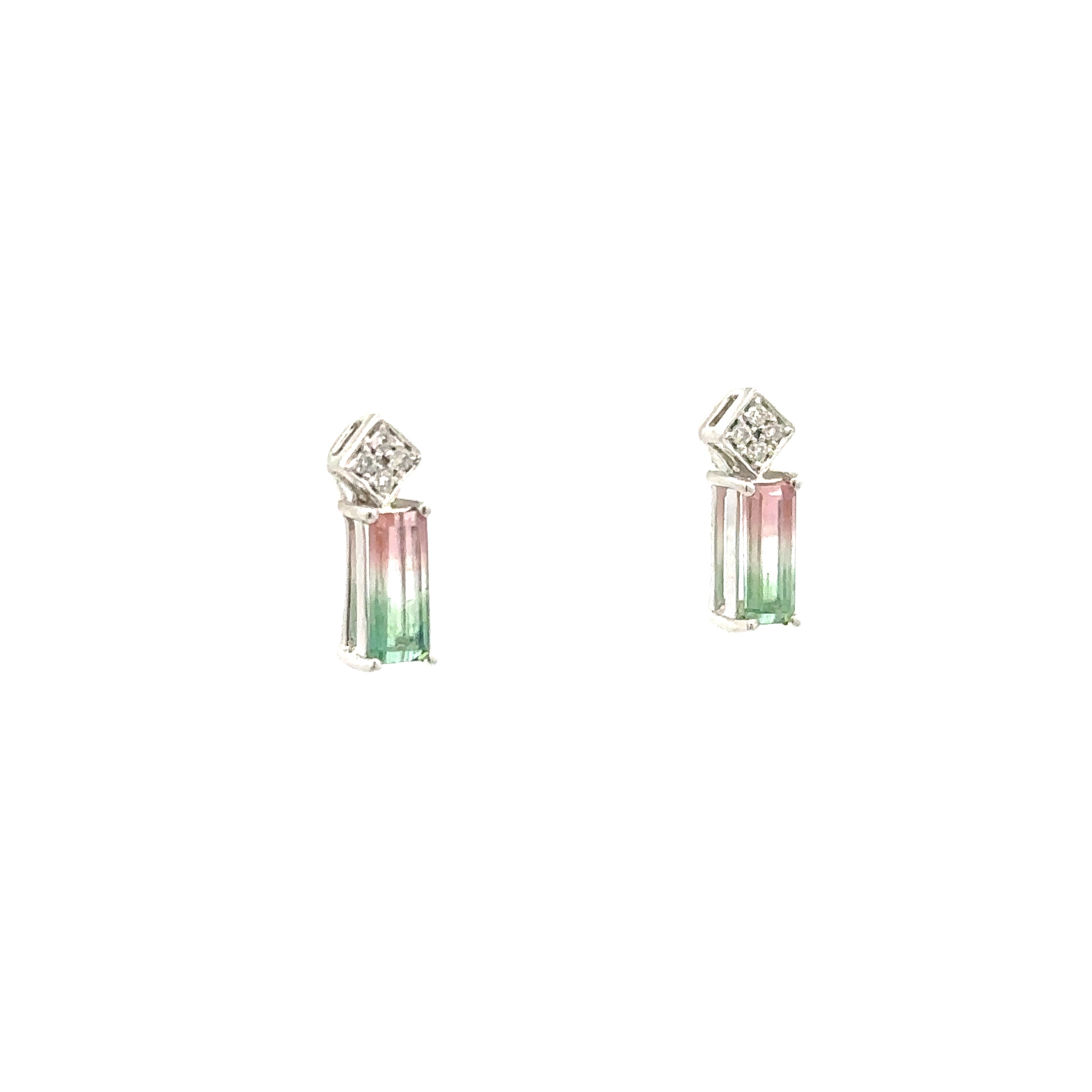 14K White Gold Watermelon Tourmaline & Diamond Stud Earrings