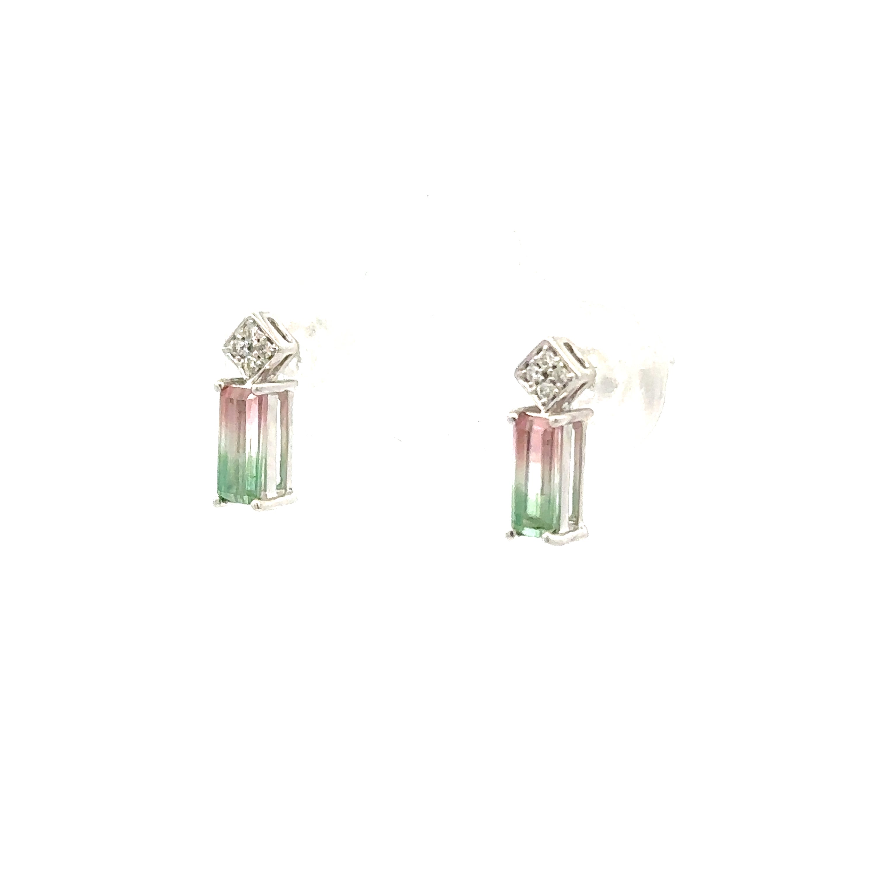 14K White Gold Watermelon Tourmaline & Diamond Stud Earrings