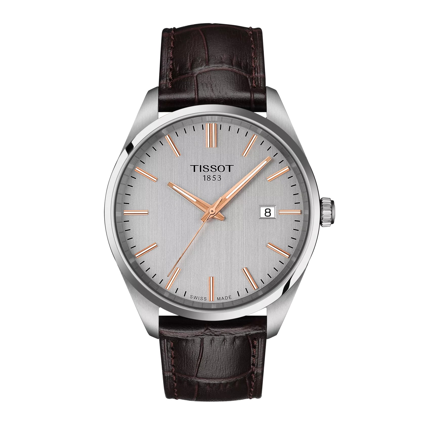 Tissot watch with brown leather strap on white background