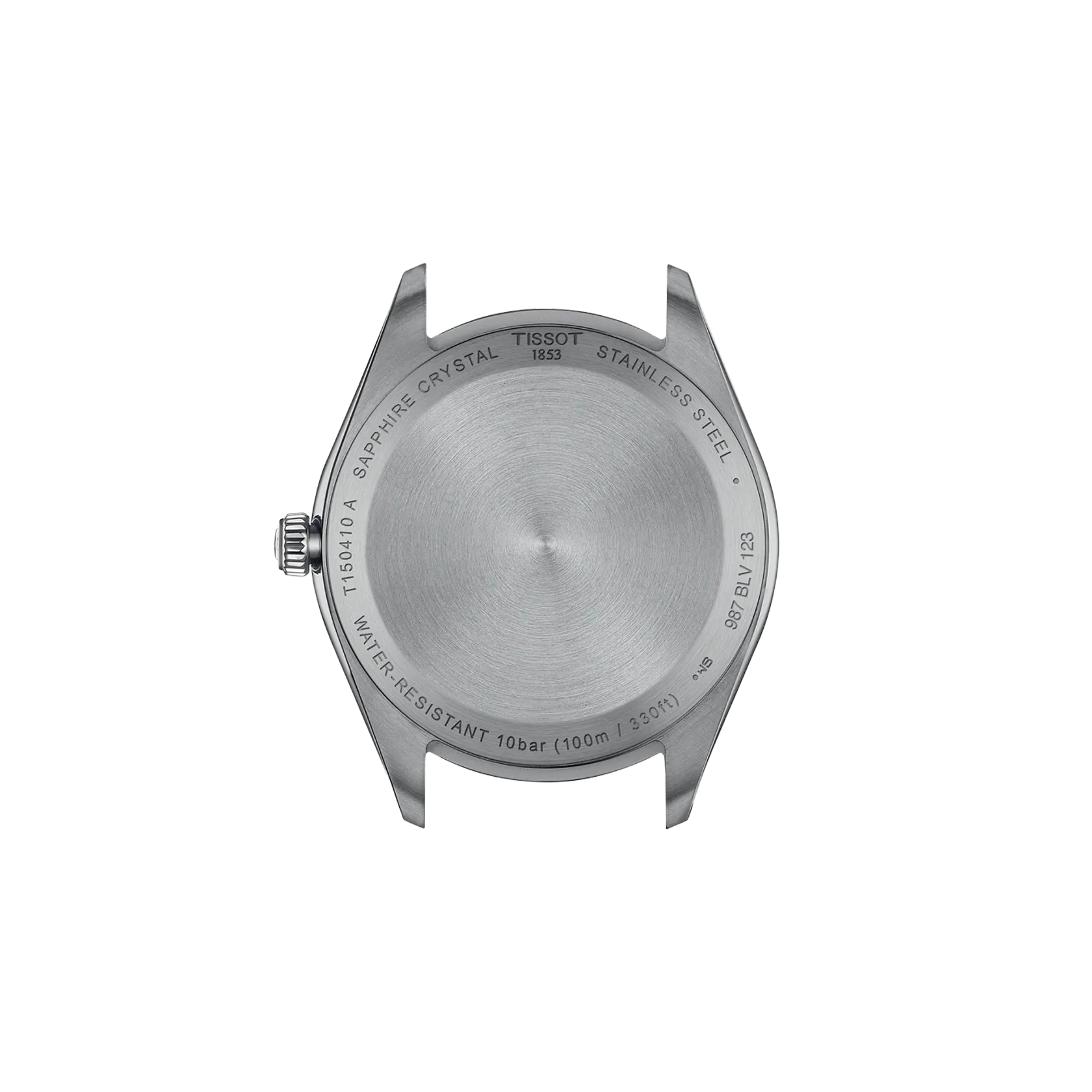 Back view of a silver watch case on a white background