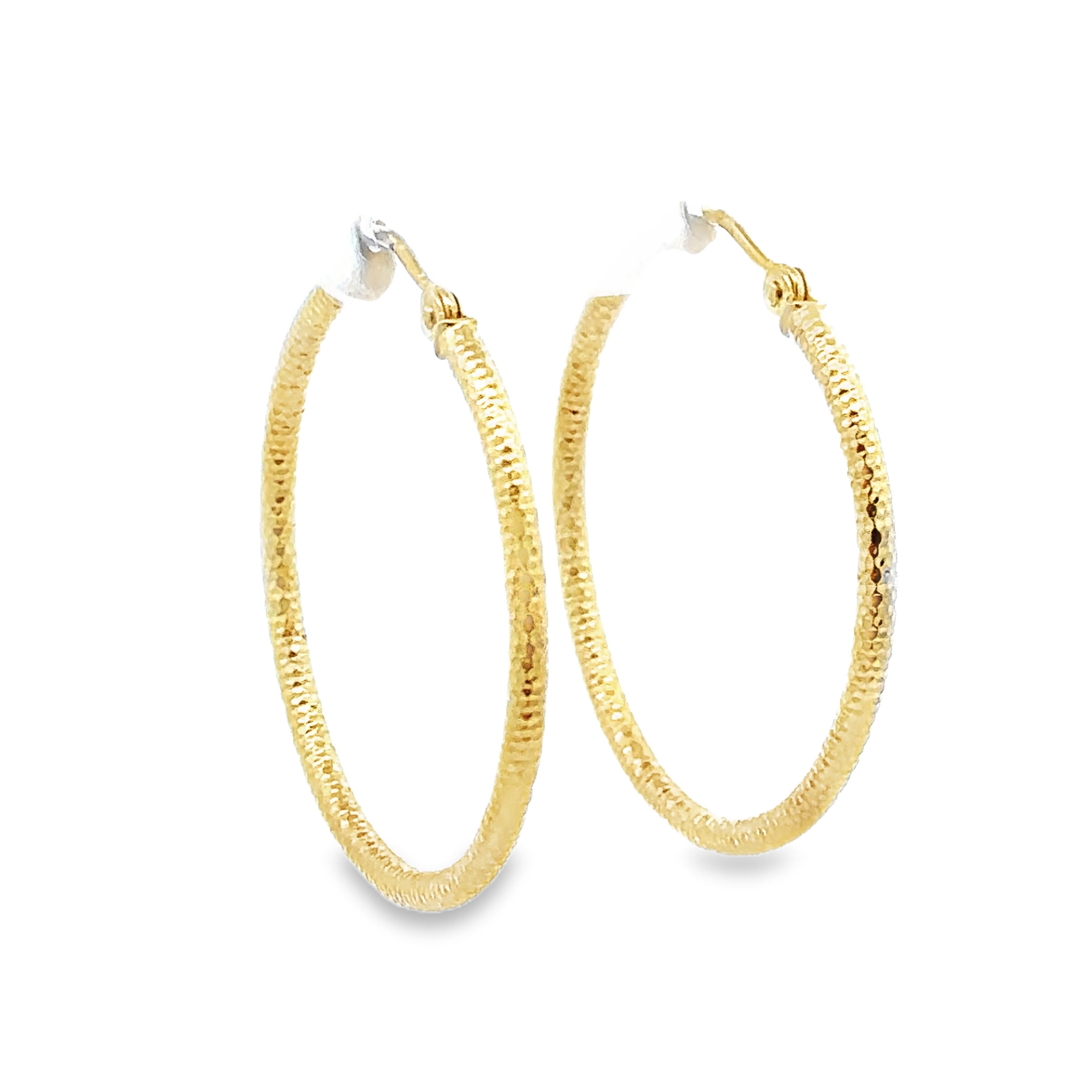 14K Yellow Gold Diamond-Cut Hoops Angled View