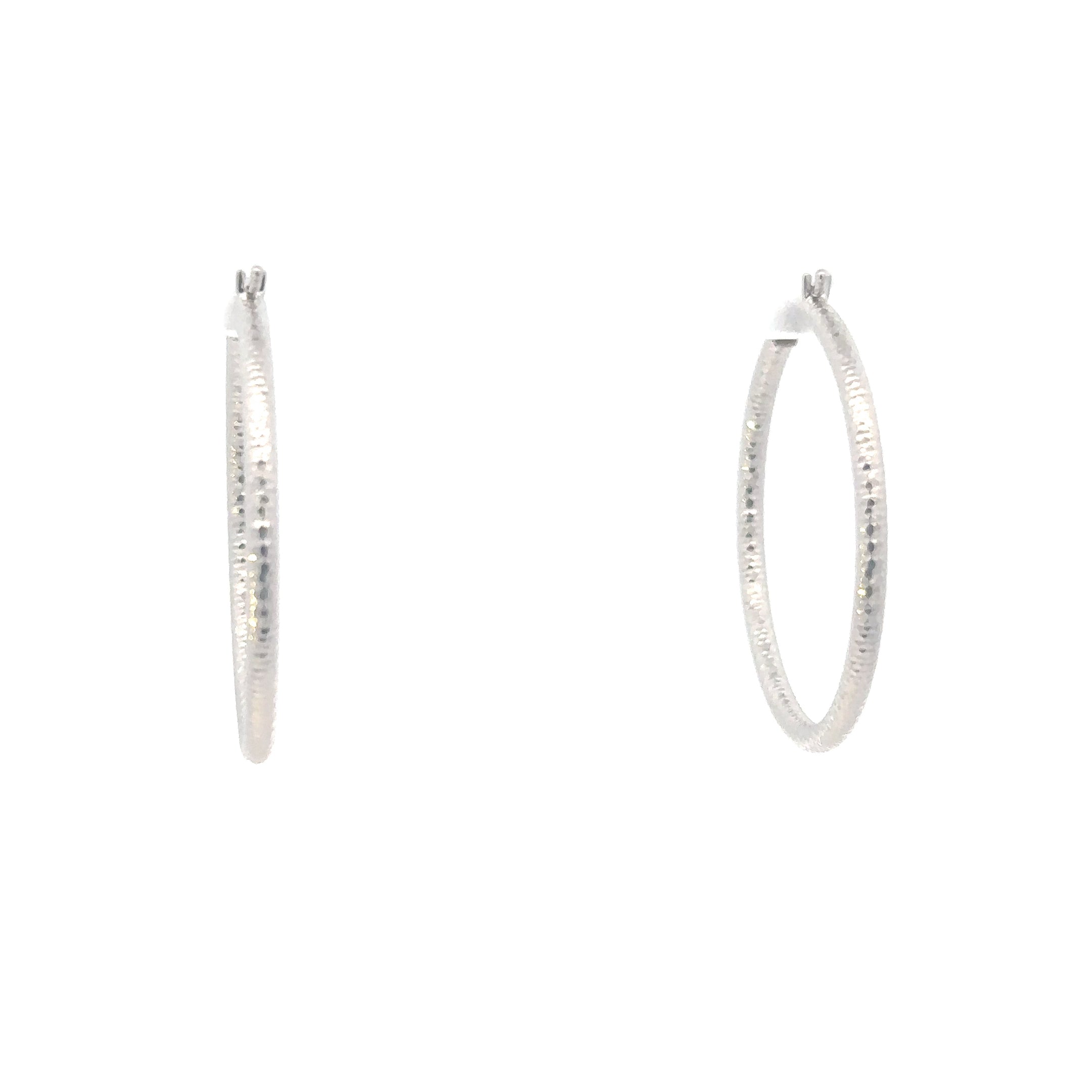 14K White Gold 2x30mm Diamond-Cut Textured Hoops