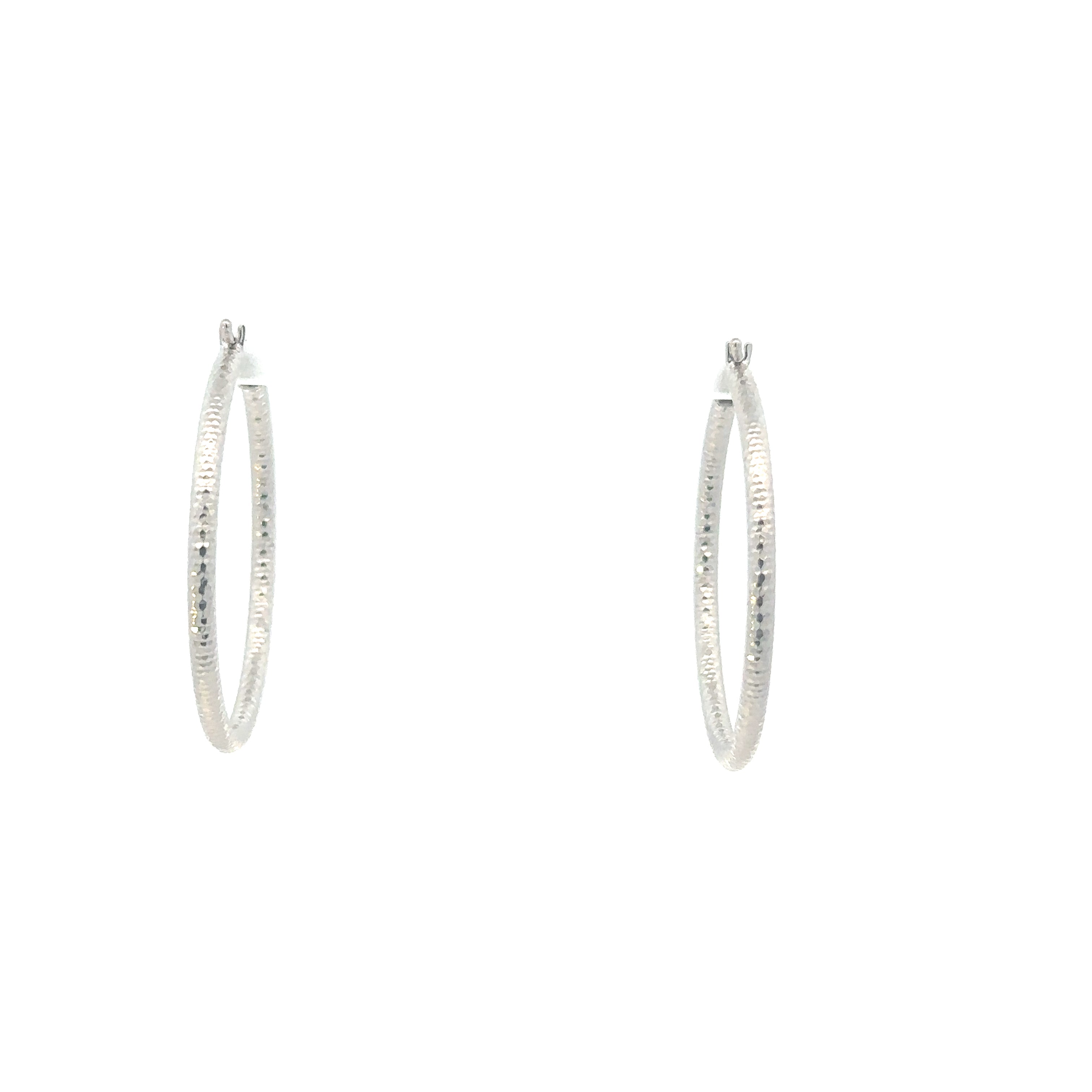 14K White Gold Diamond-Cut Hoops Front View