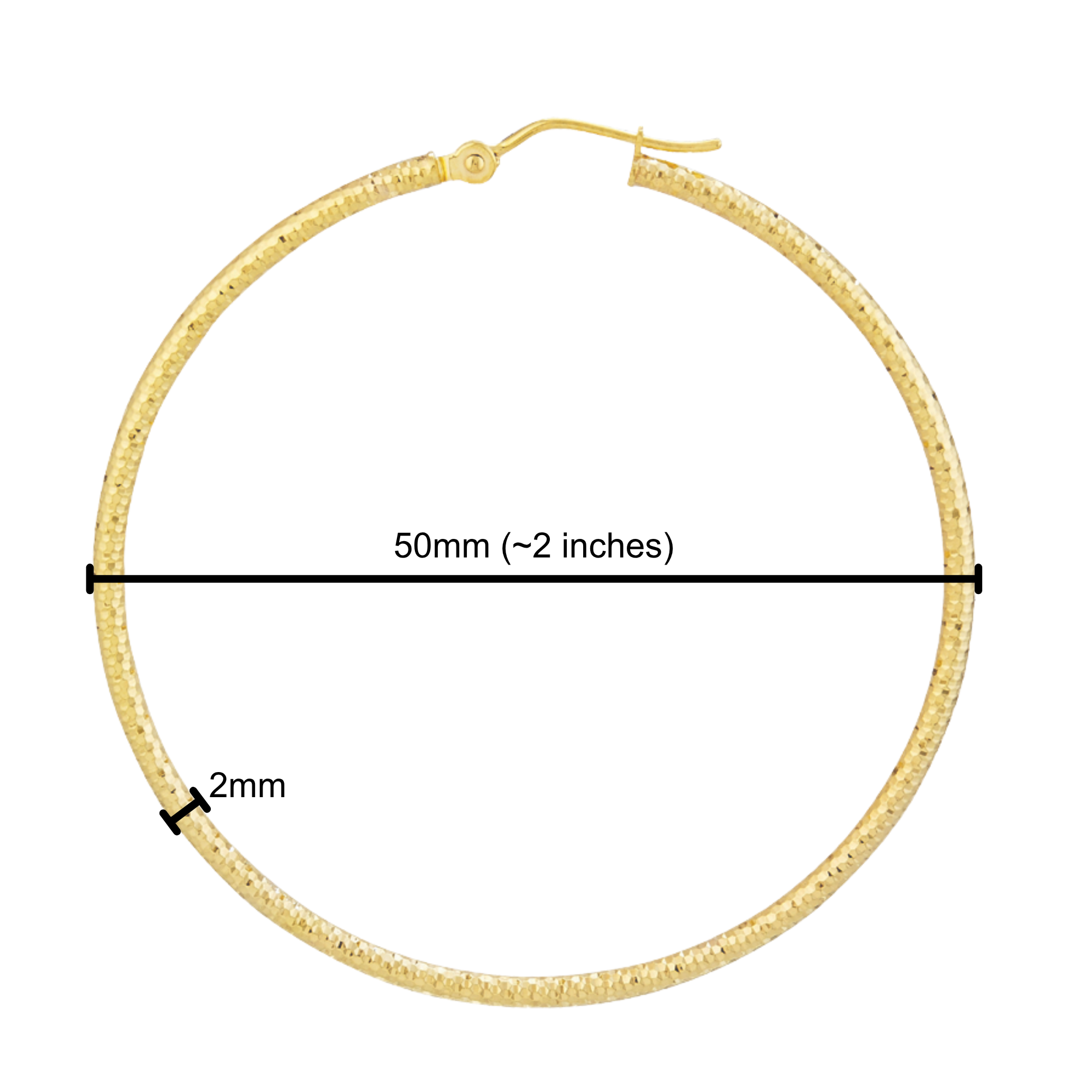 14K Yellow Gold 2X50mm Diamond-Cut Textured Hoop Earrings