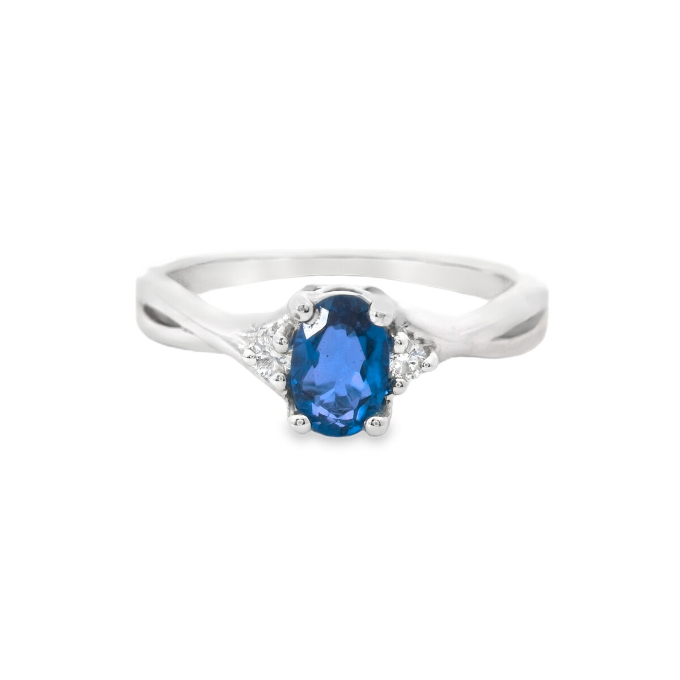 Sterling Silver Oval Created Sapphire & Diamond Accented Ring