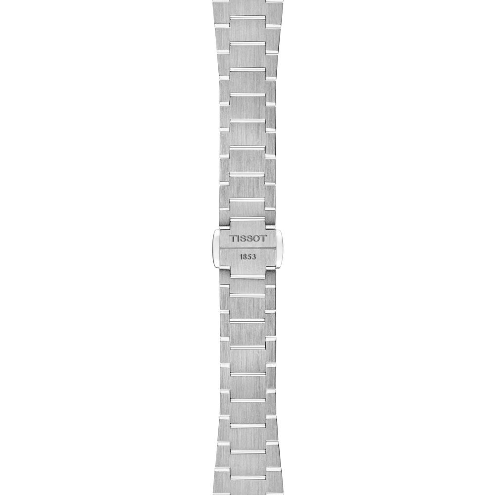 Silver watch strap with Tissot logo on a white background
