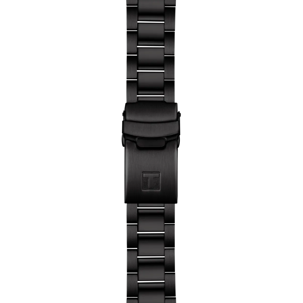 Black metal watch strap on a white background