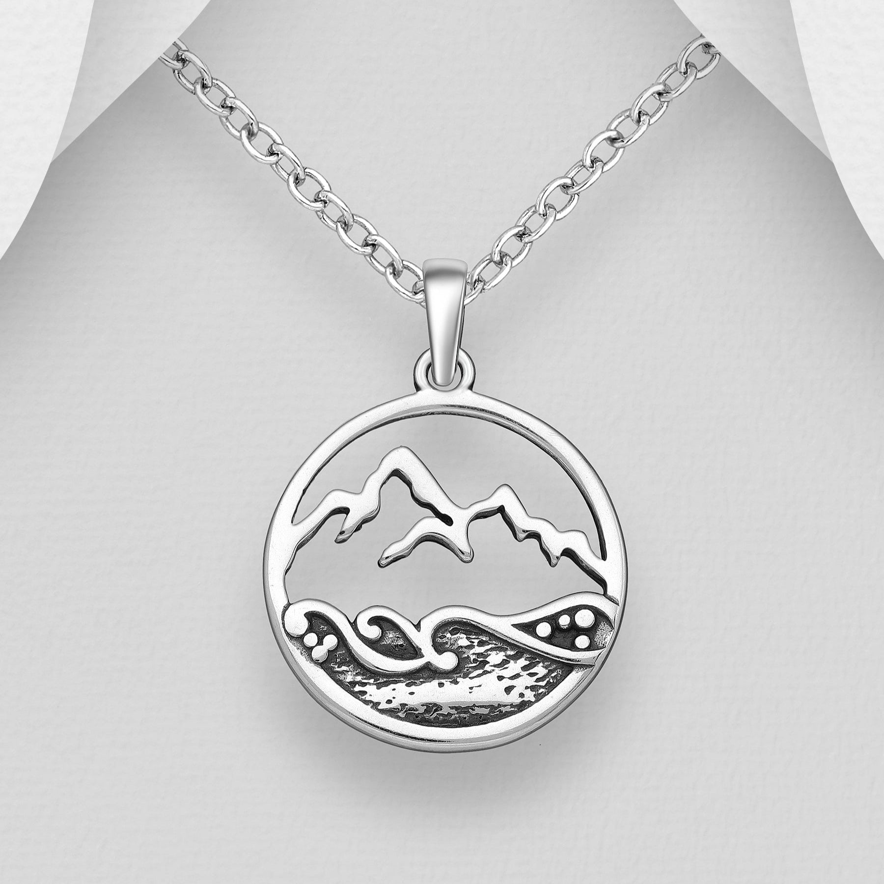 Sterling Silver Mountain and Wave Negative Space Pendant Necklace