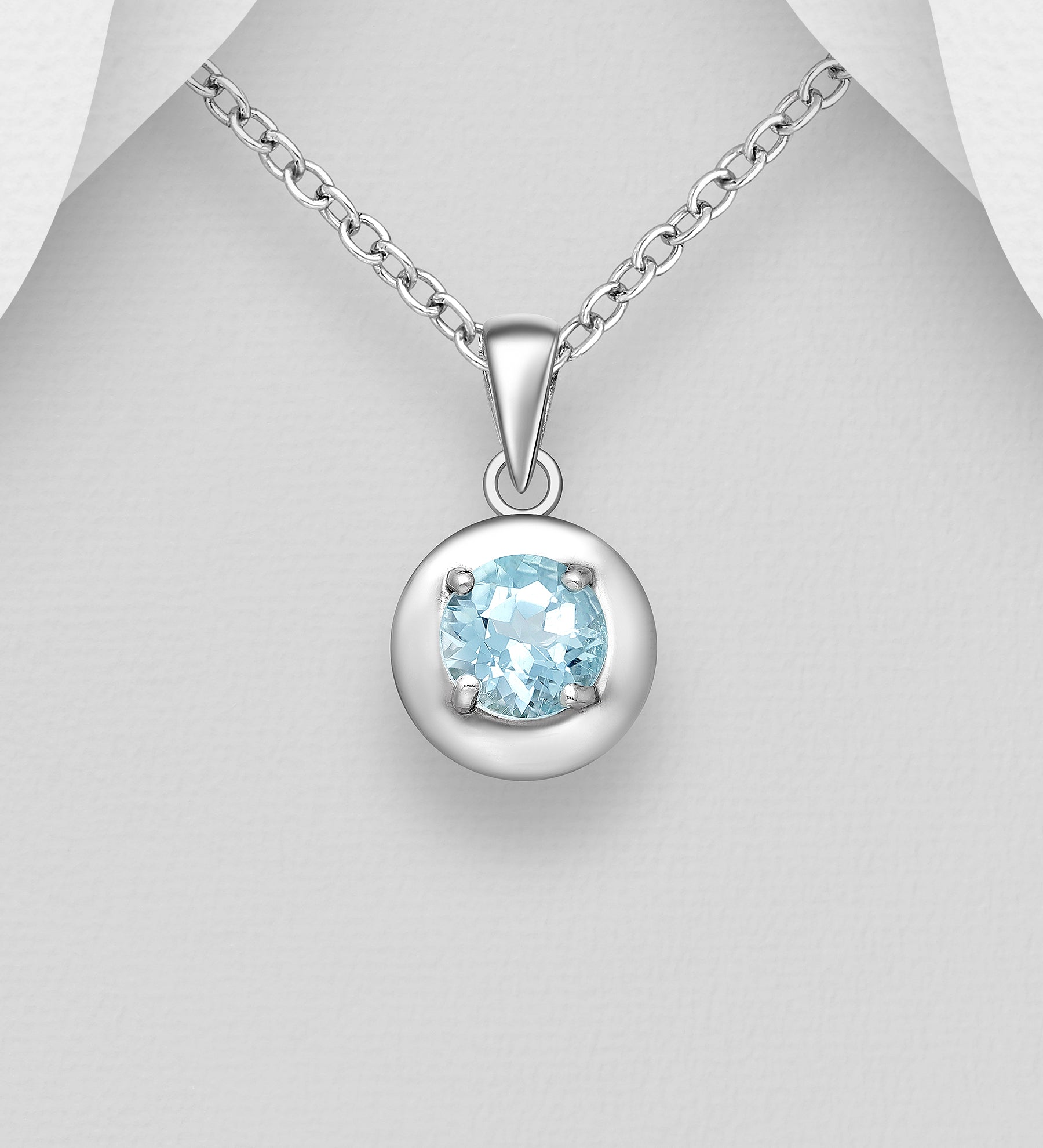 Sterling Silver Round Framed Sky-Blue Topaz Prong-Set Pendant