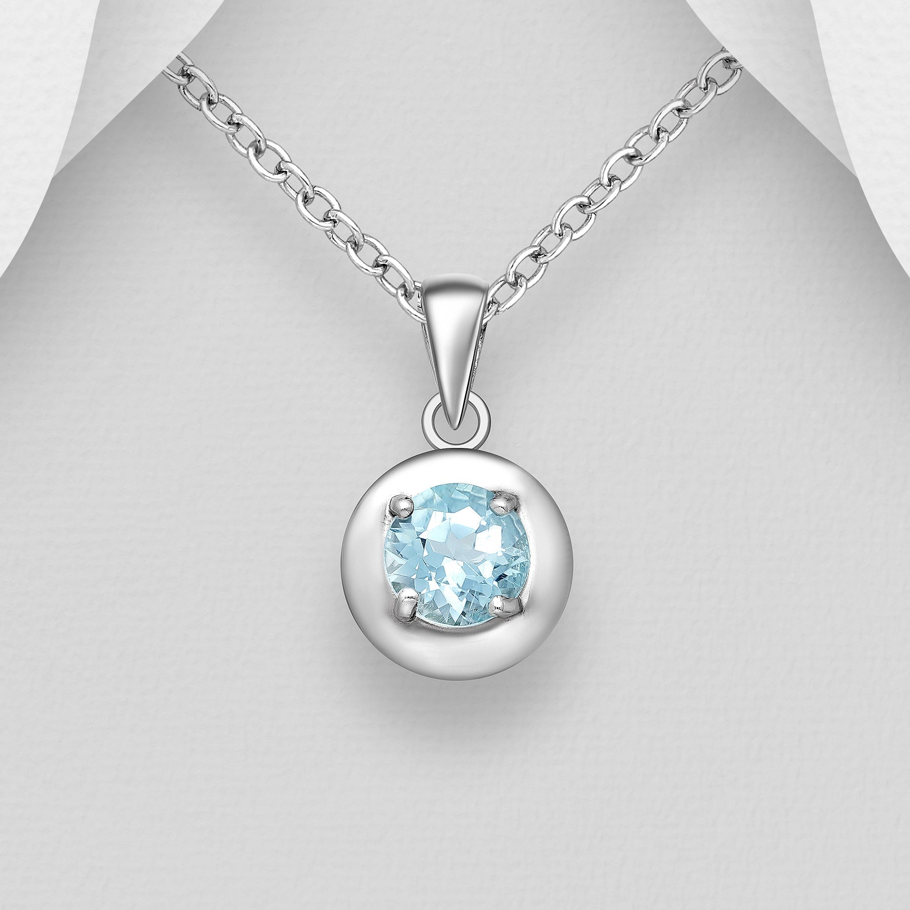 Sterling Silver Round Framed Sky-Blue Topaz Prong-Set Pendant