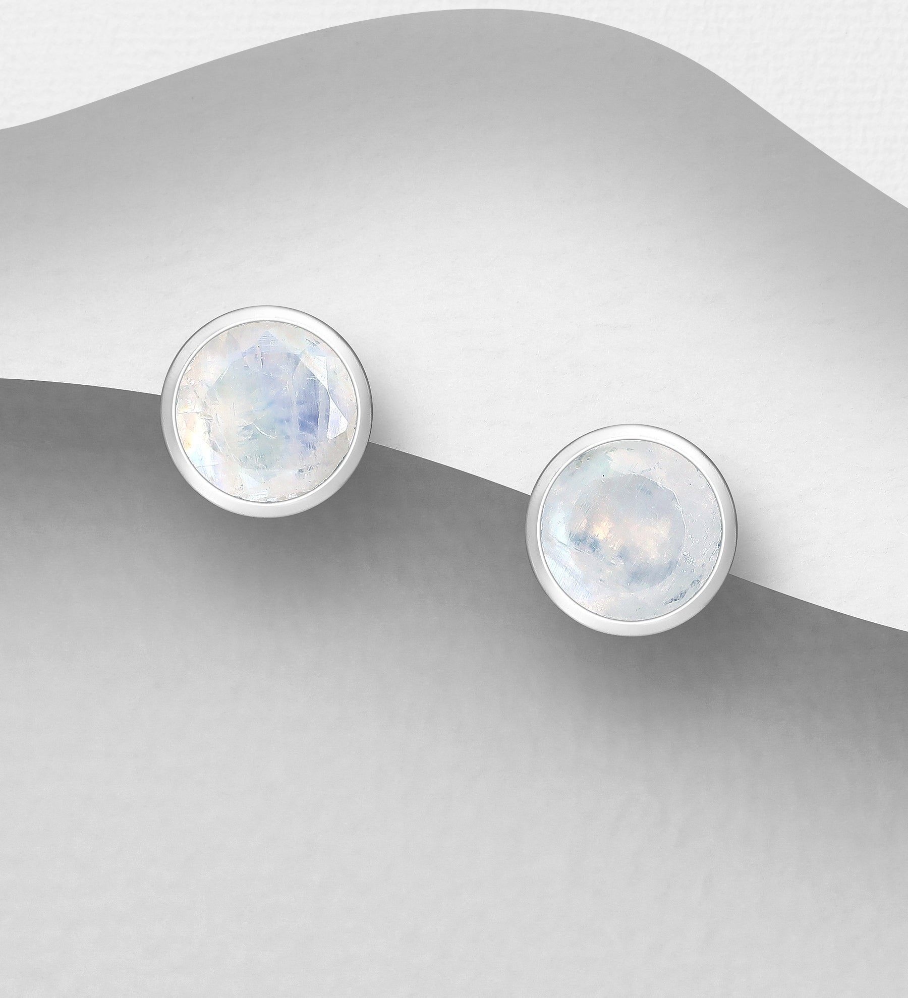 Sterling Silver Bezel Rainbow Moonstone Stud Earrings
