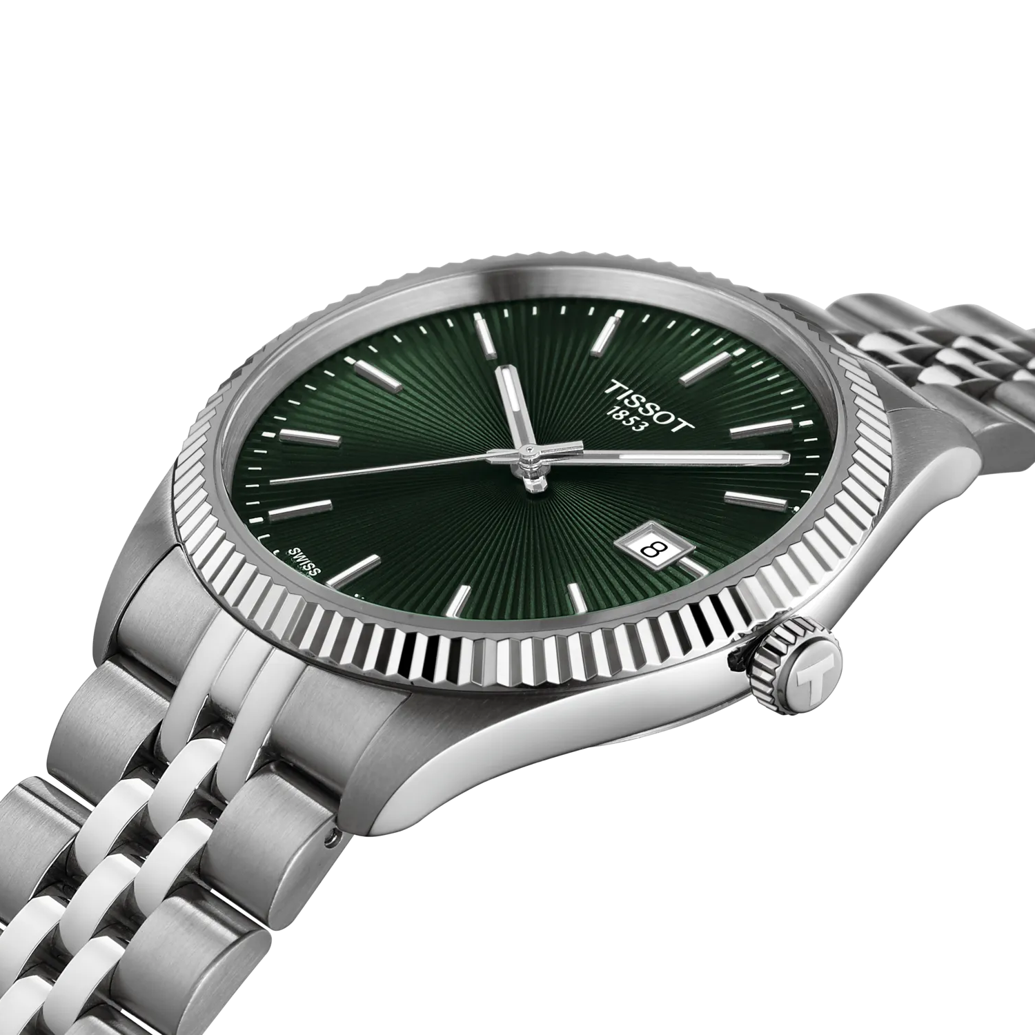 Tissot watch with green dial and silver metal bracelet on a white background