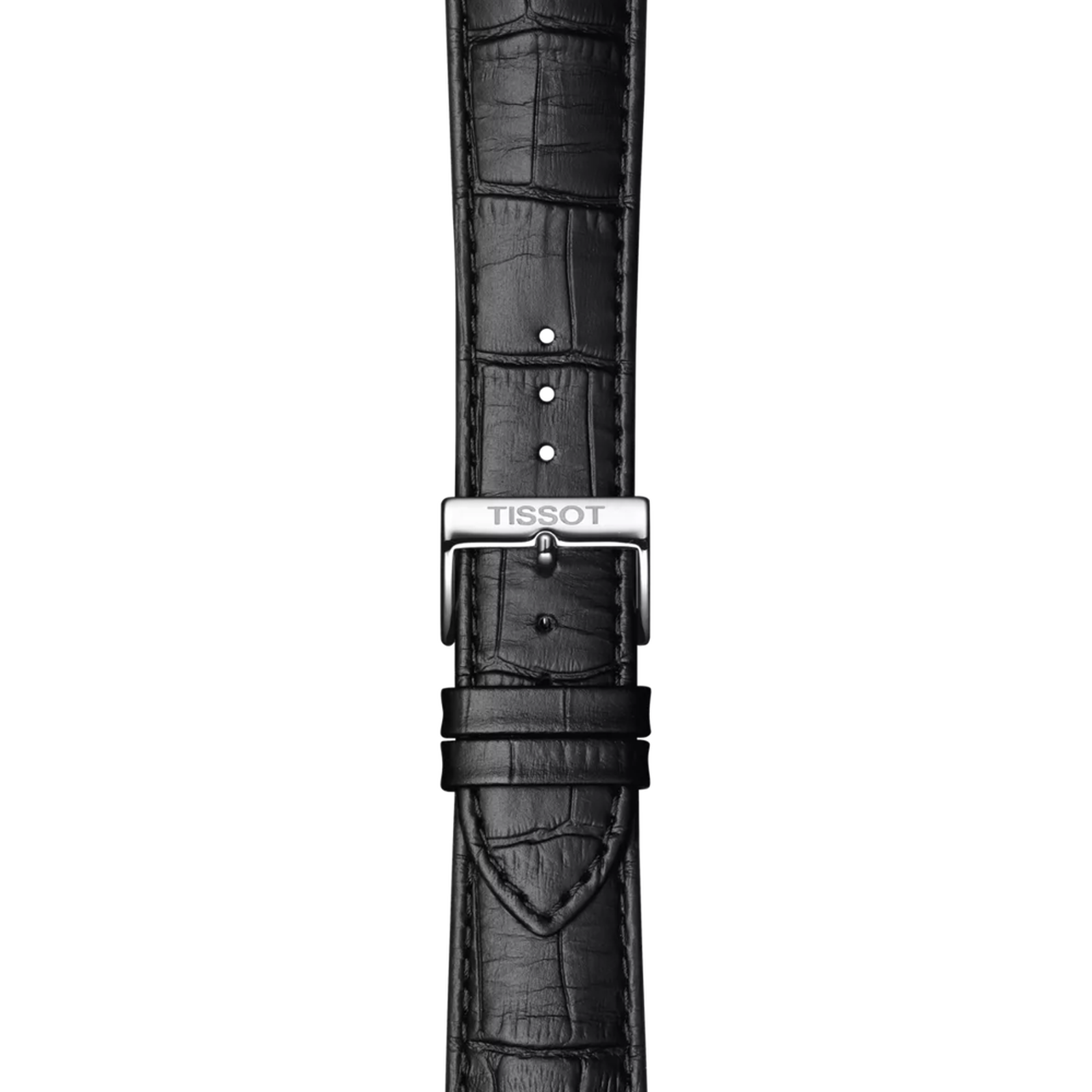 Black crocodile-patterned watch strap with Tissot logo on a white background