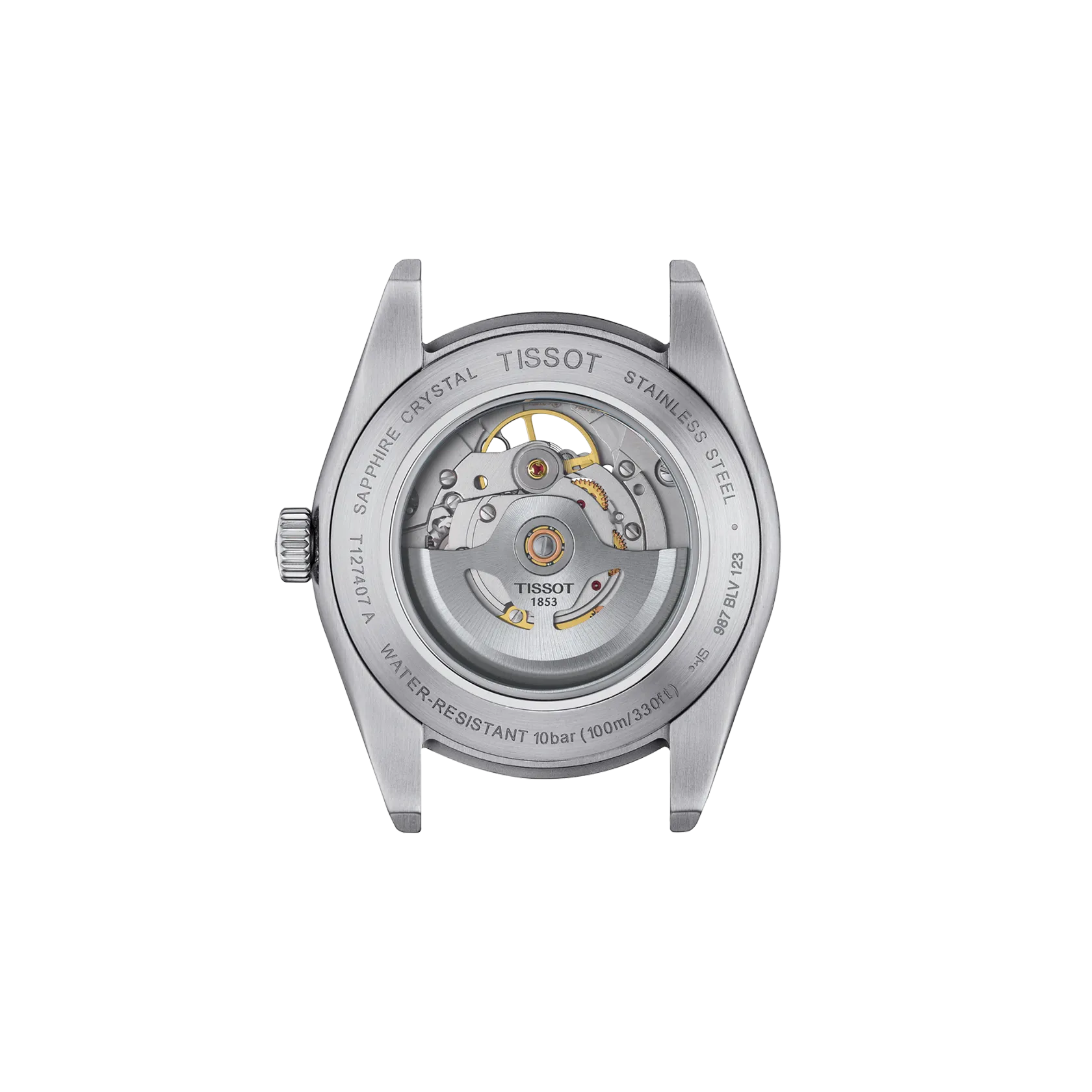 Tissot watch back cover on a white background