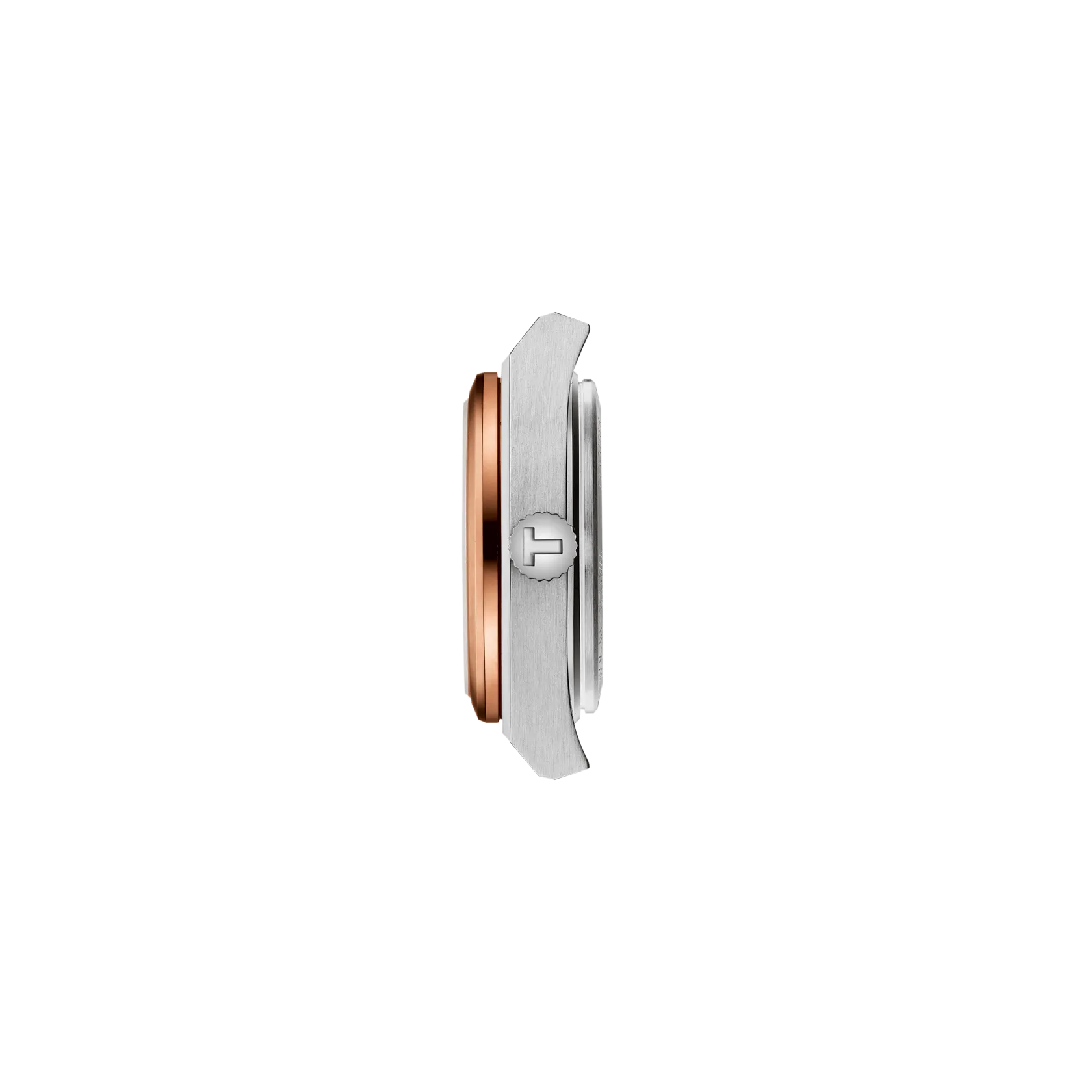 Close-up of a watch case with rose gold and silver design on a white background