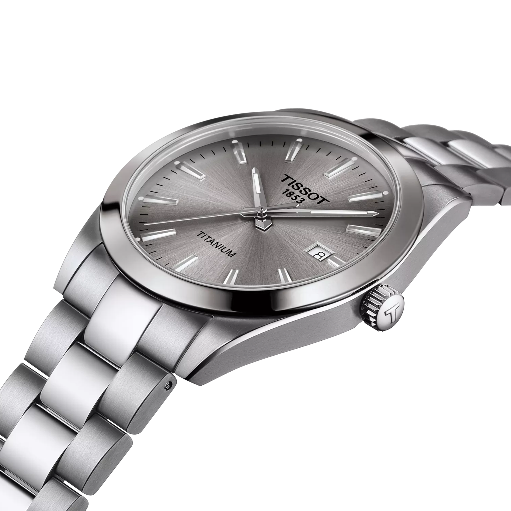 Silver Tissot watch with a white background