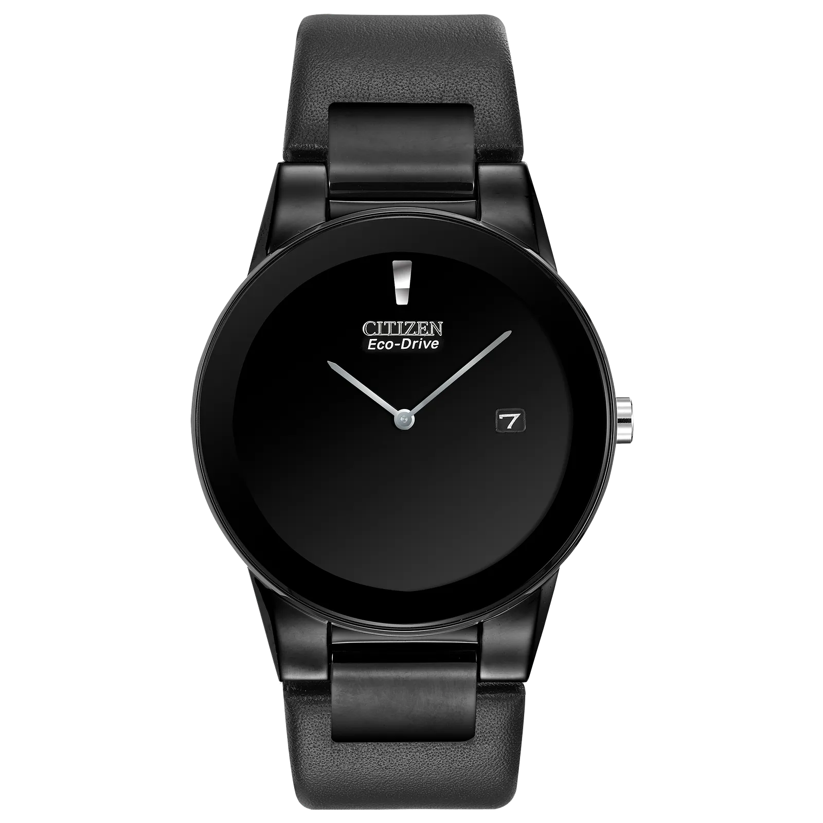 Front view image of CITIZEN Men's Axiom Watch with Black Leather Strap on a transparent background.