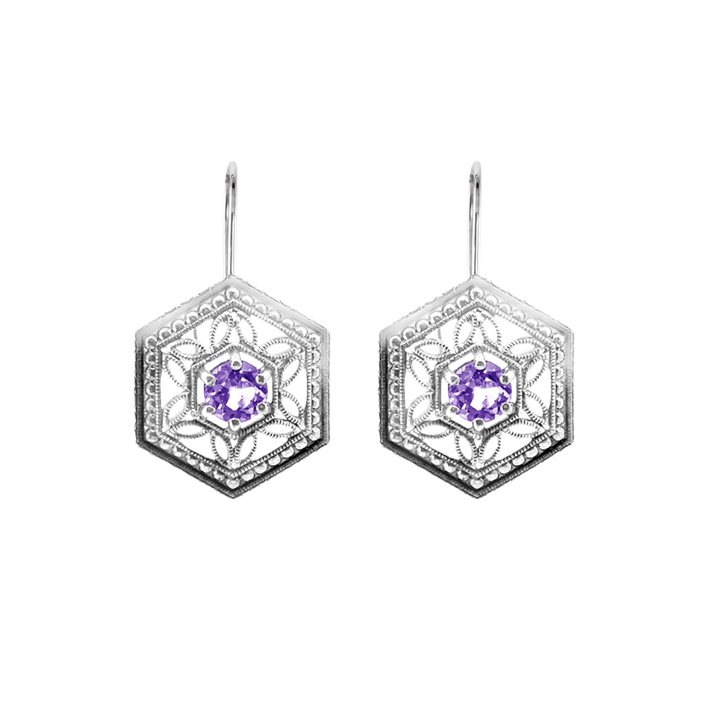 Sterling Silver Amethyst Hexagon Art Deco Style Filigree Earrings