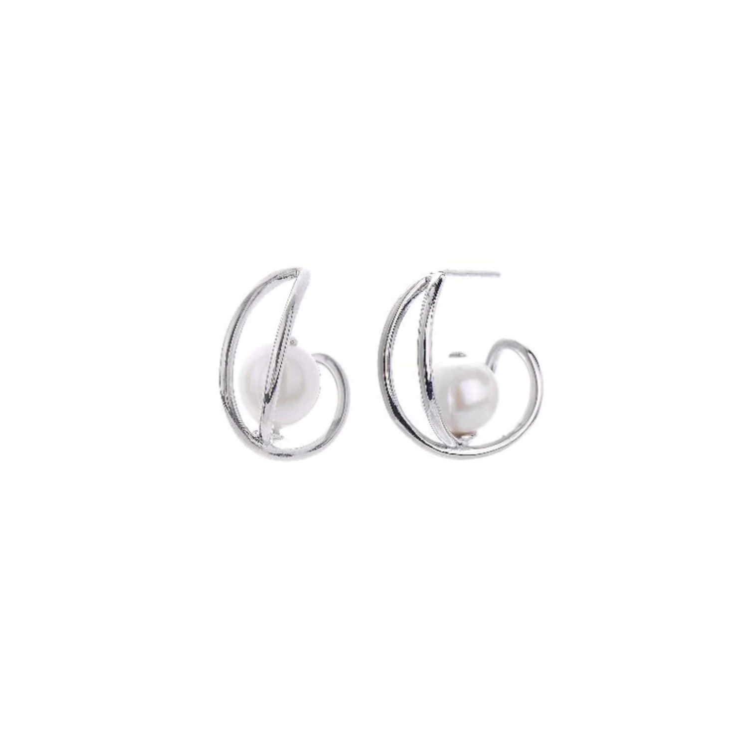 Sterling Silver Open Style Hoop with Pearl Center Stud Earrings