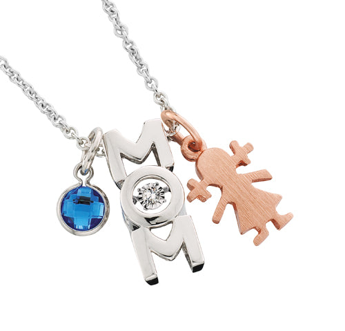 Sterling Silver "MOM" Suspended Diamond Pendant Necklace