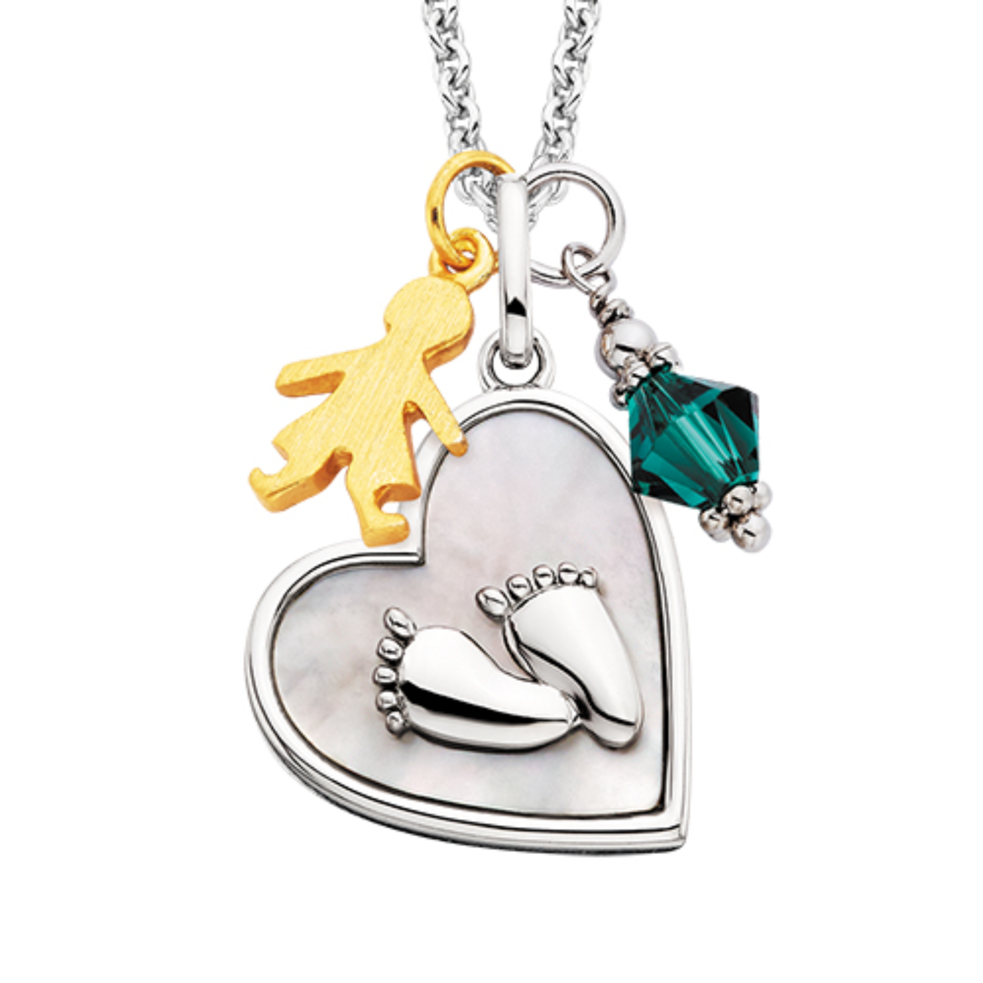 Sterling Silver Mother of Pearl Baby Footprints Heart Pendant Necklace