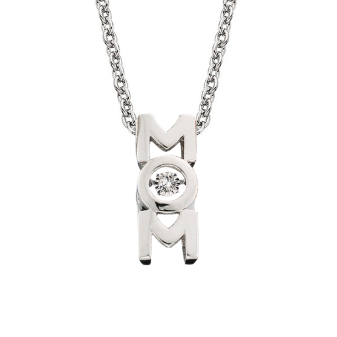 Sterling Silver "MOM" Suspended Diamond Pendant Necklace