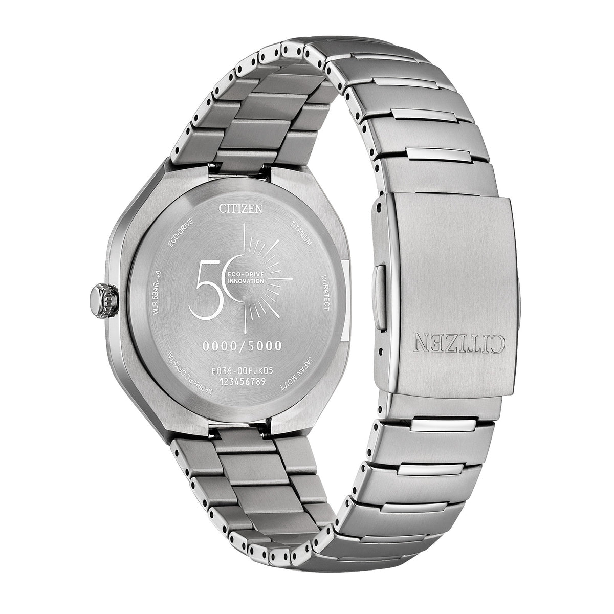 Rear view of Citizen BJ6560-53W showing the Eco-Drive 50th Anniversary caseback and silver-tone Super Titanium bracelet and clasp.