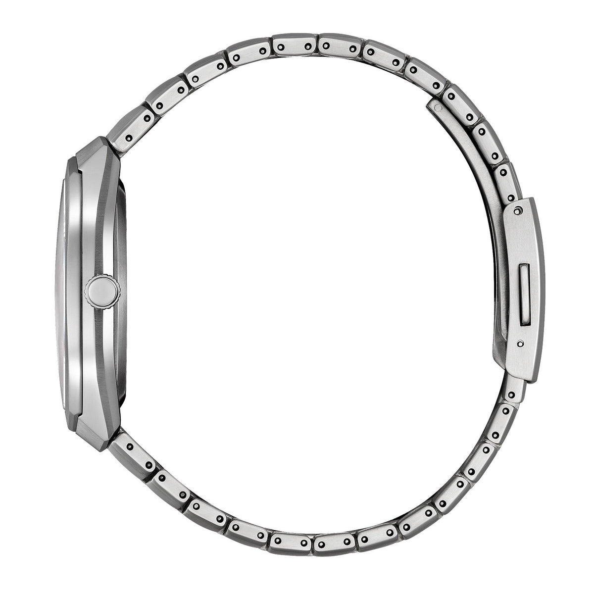 Side view of Citizen BJ6560-53W Eco-Drive PHOTON showing the silver-tone titanium case, crown and integrated bracelet.