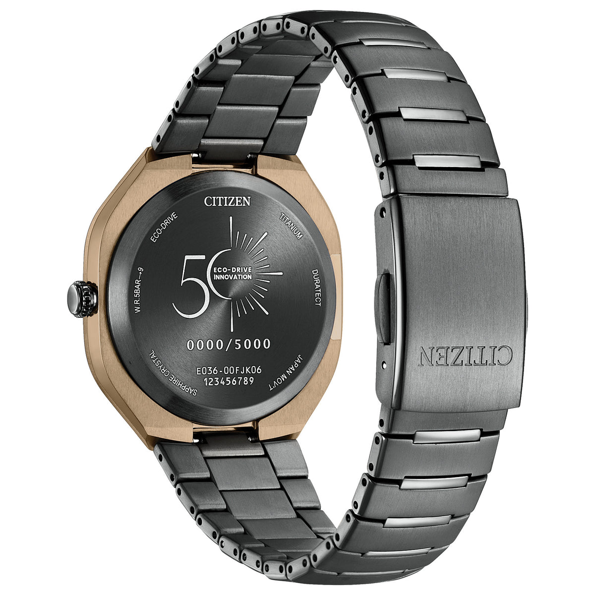 Rear view of Citizen BJ6569-59X showing the Eco-Drive 50th Anniversary caseback and black Super Titanium bracelet with fold-over clasp.