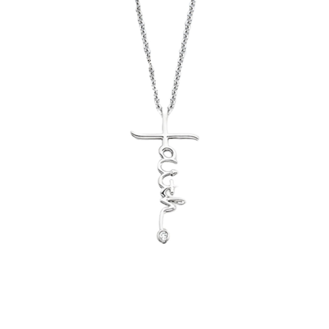 Sterling Silver Cursive Faith Cross Diamond Pendant Necklace