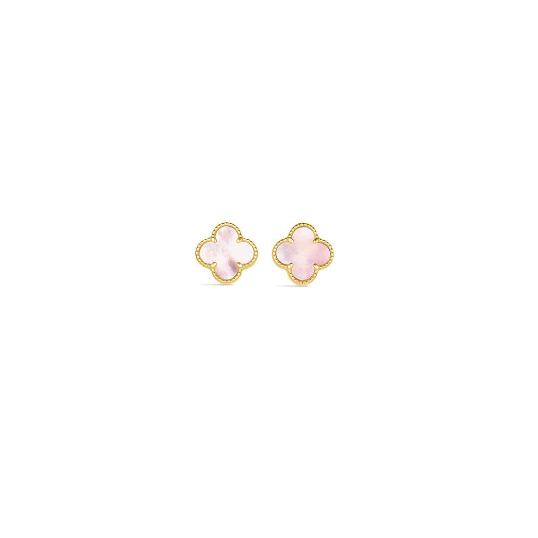 14K Yellow Gold Pink Mother Of Pearl Clover Stud Earrings