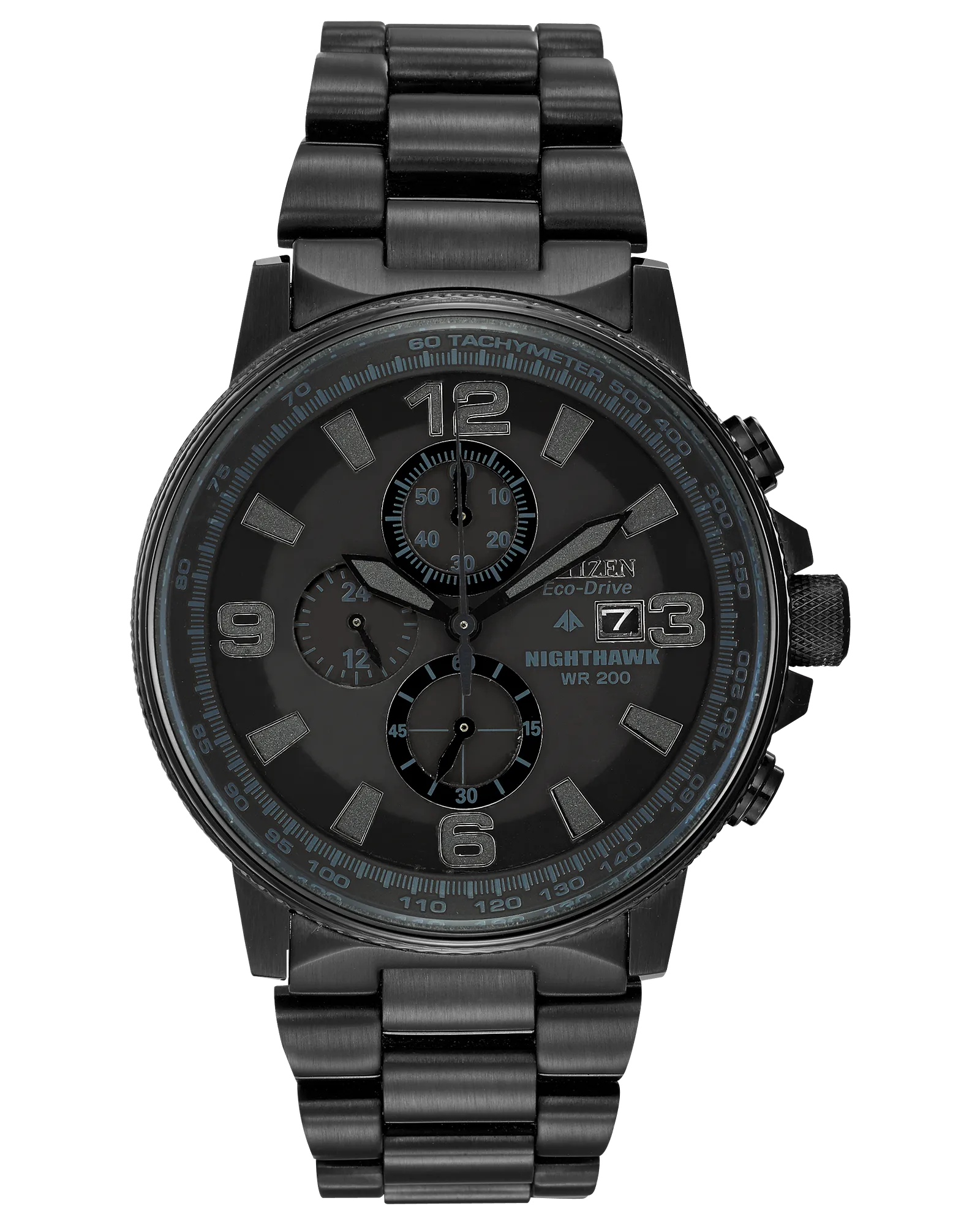 Black watch with detailed face on a white background