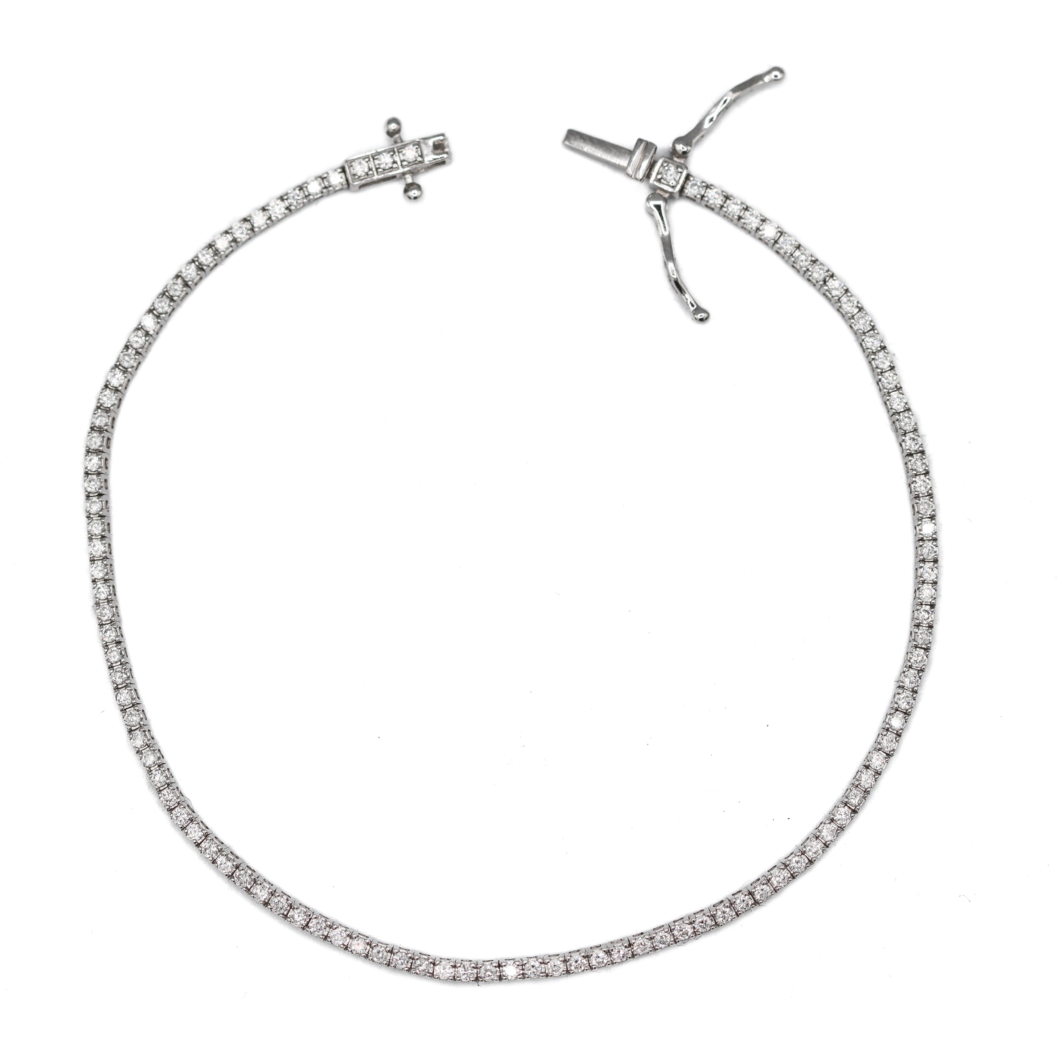 Open side view zoomed out of Side view zoomed out of 14K White Gold 1CTW. Lab-Grown Diamond Tennis Bracelet on a white background.