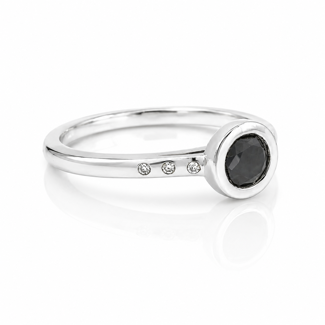 14K White Gold 0.70CT. Black Diamond and 0.03CTW. White Diamond Bezel-Set Ring
