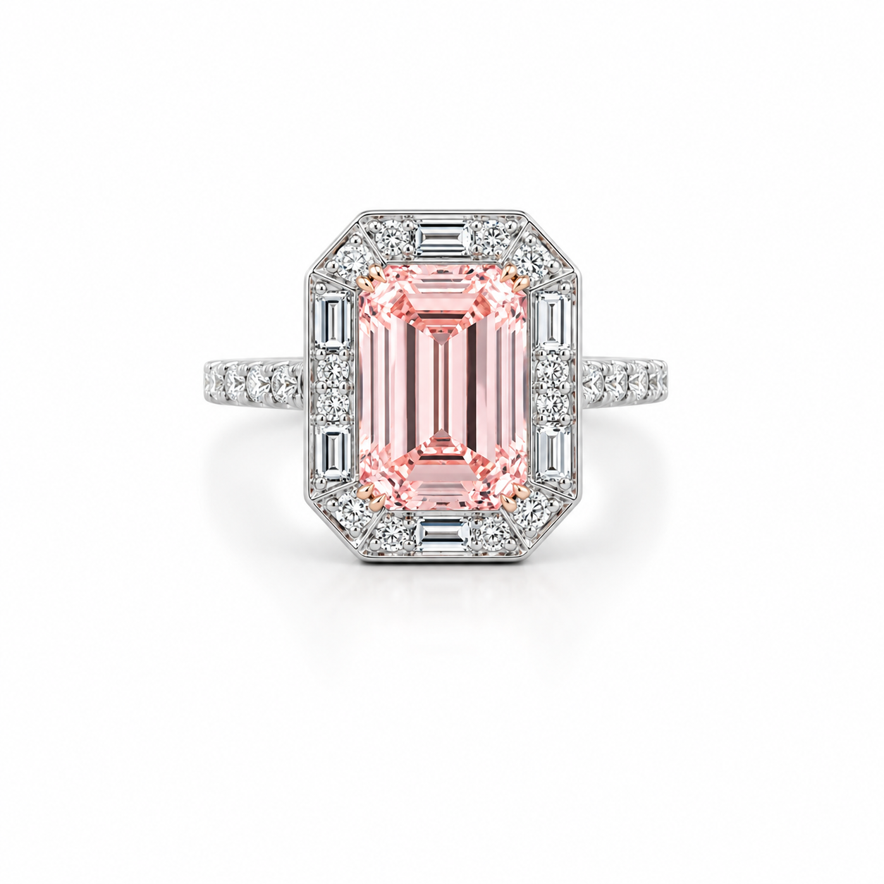 14K White Gold 3.70CTW. Lab-Grown Pink Diamond Emerald-Cut Halo Accented Engagement Ring