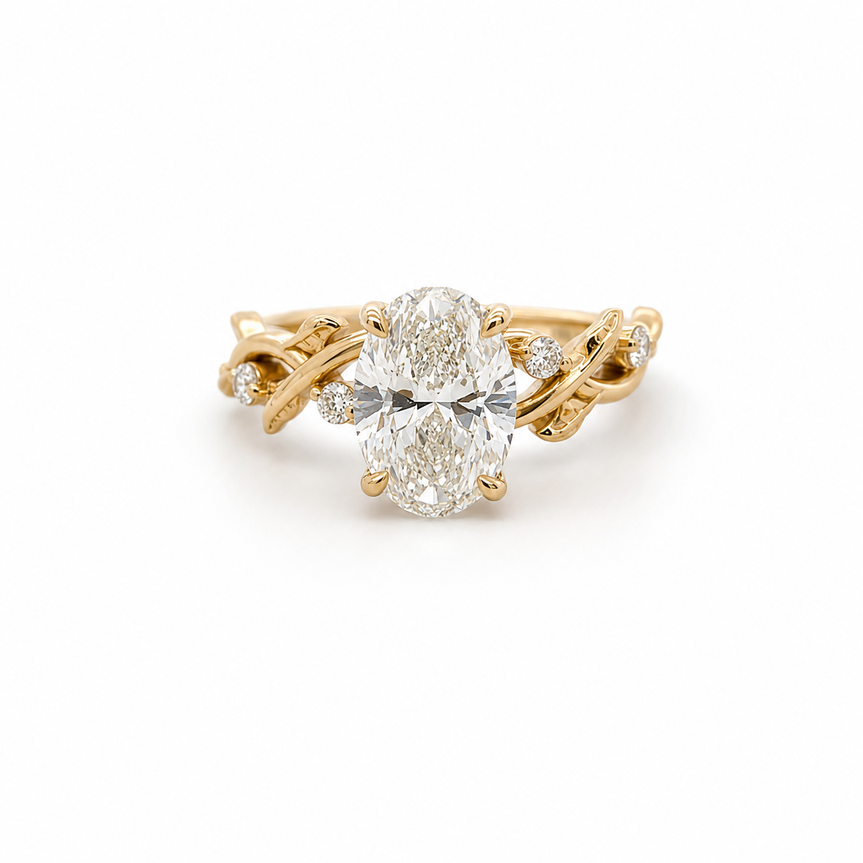 Gold ring with a diamond on a white background
