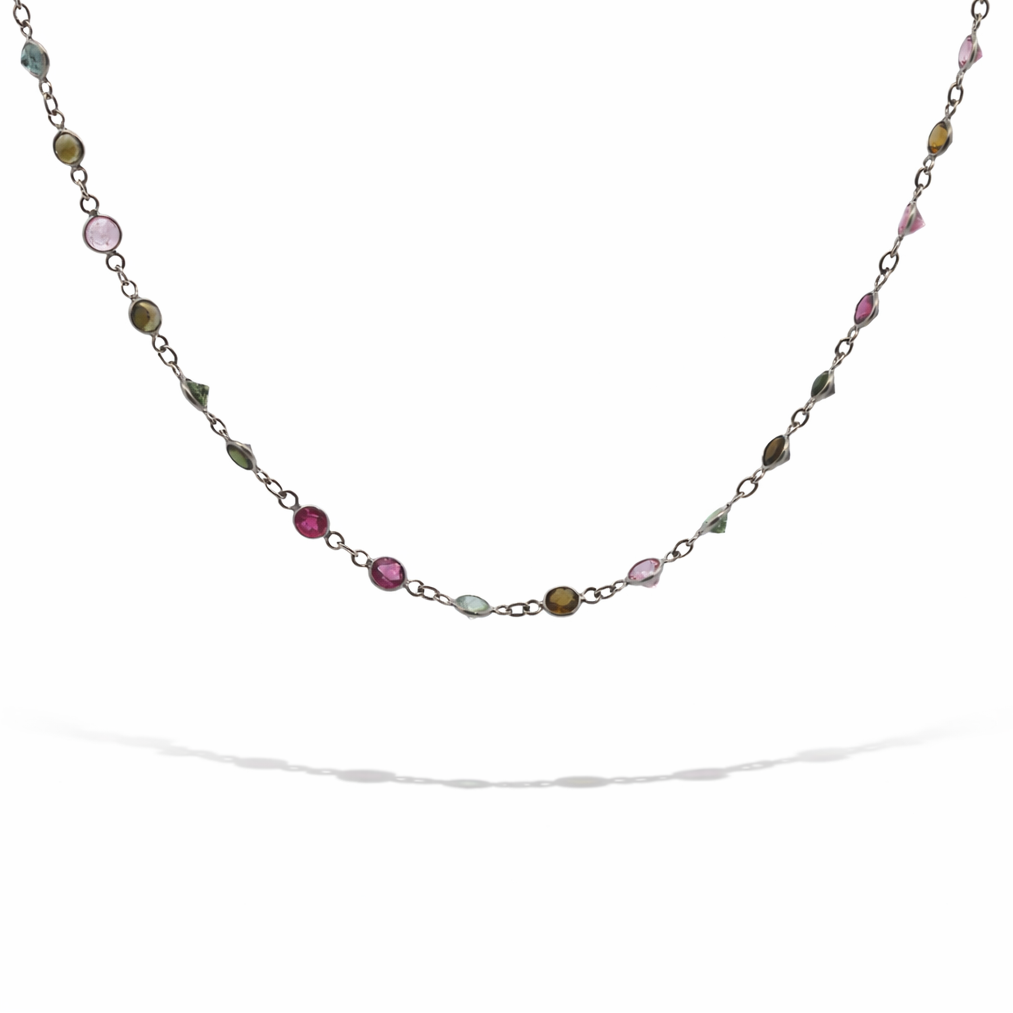 Necklace with multicolored beads on a white background