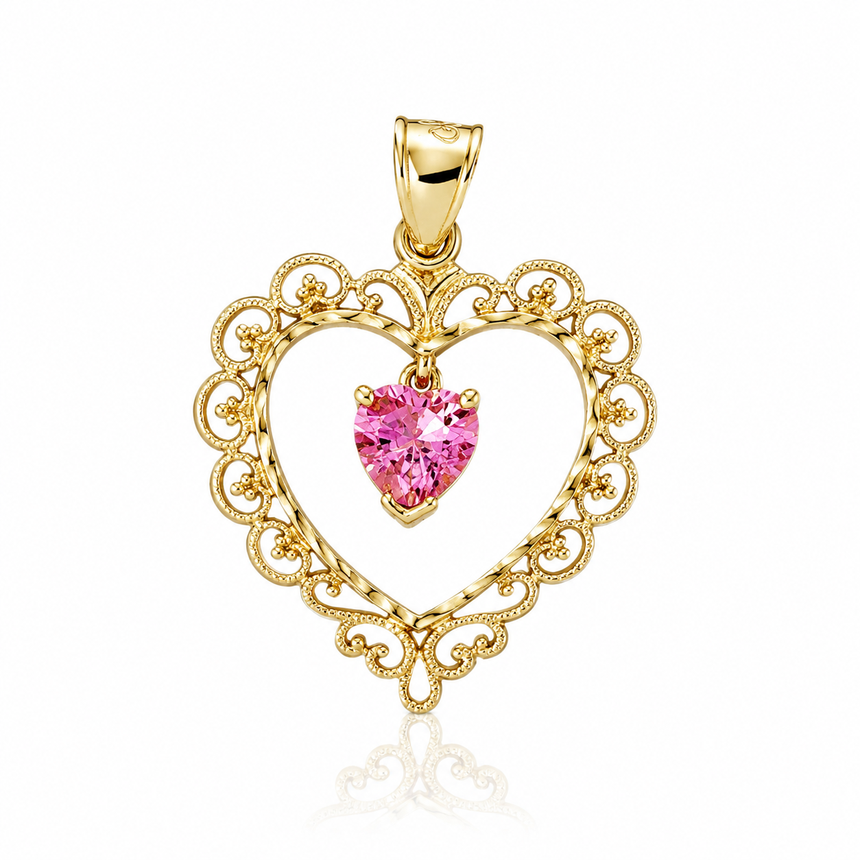 Estate Collection: 14K Yellow Gold Pink Ice Filagree Heart Pendant (without chain)